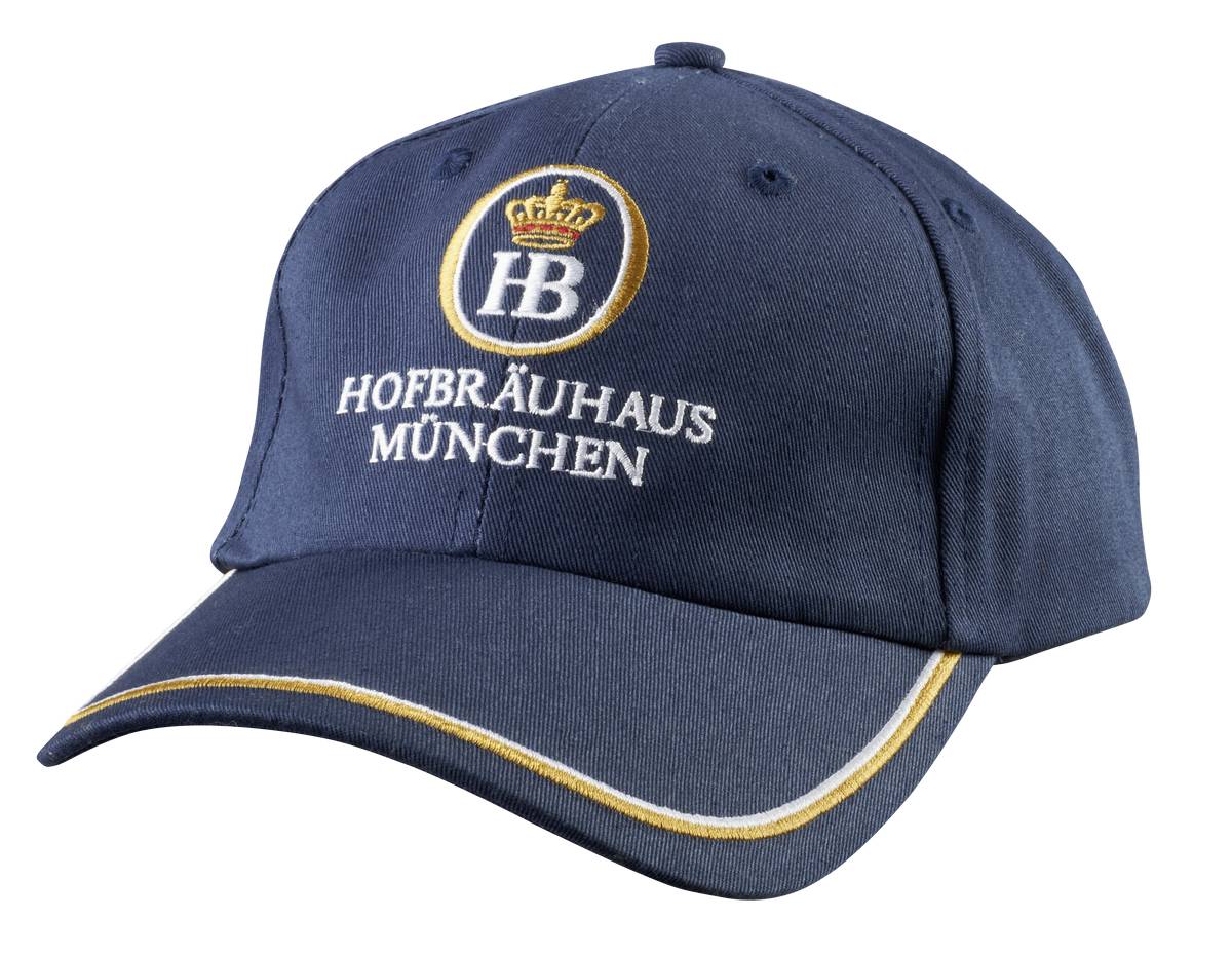 Dunkelblaue Baseballcap mit Hofbräuhaus München Logo und goldener Zierlinie am Schirm.