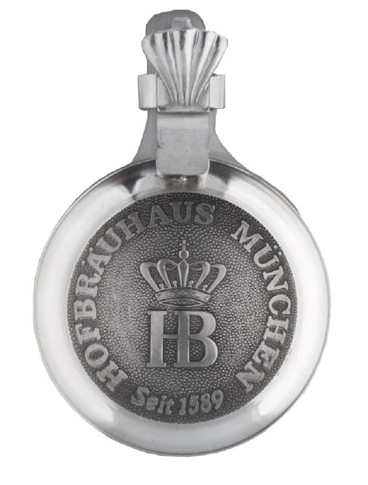 Flacher Zinndeckel mit Gravur 'Hofbräuhaus München – Seit 1589' und HB-Krone