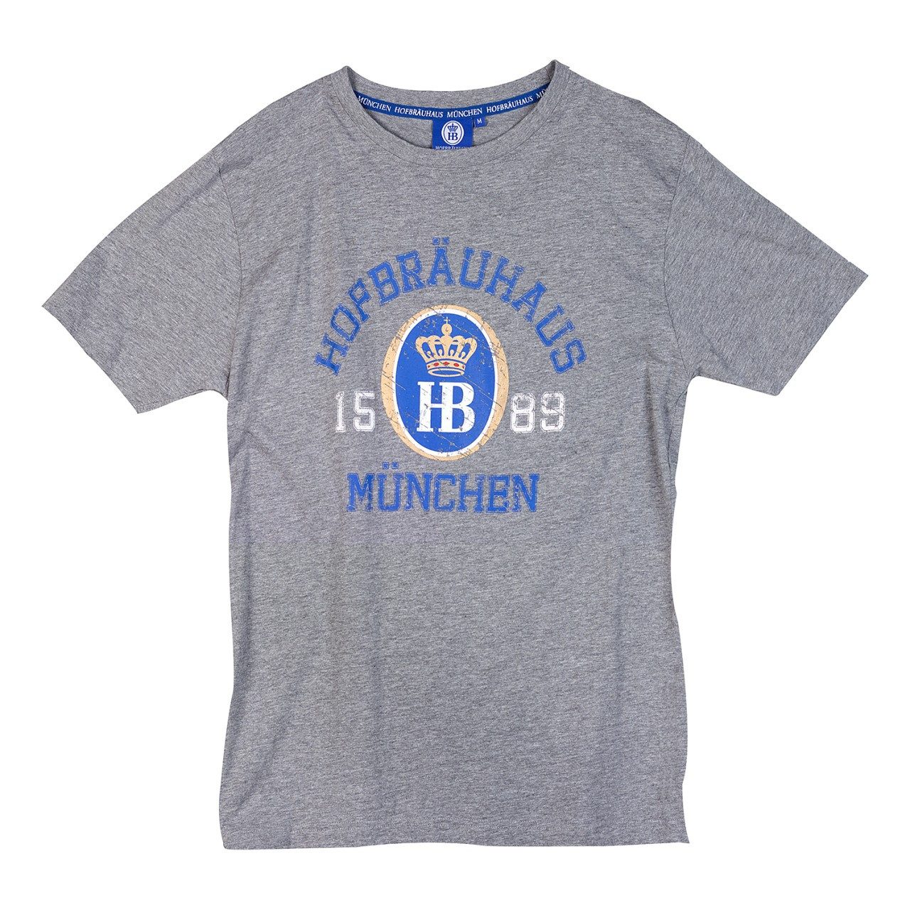 Graues Herren-T-Shirt mit Hofbräuhaus München Logo und College-Design.