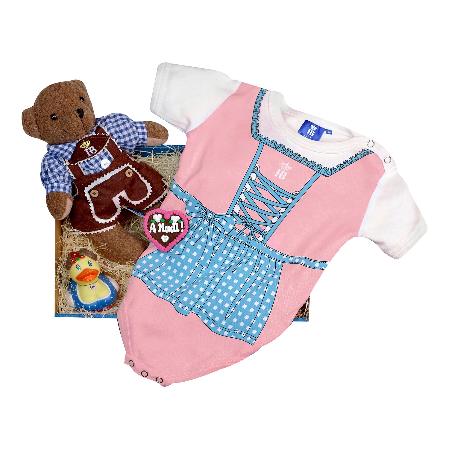 Geschenkbox mit rosa Babybody im Dirndl-Look, Plüschbär in Lederhose, Lebkuchenherz 'A Madl!' und gelber HB-Ente