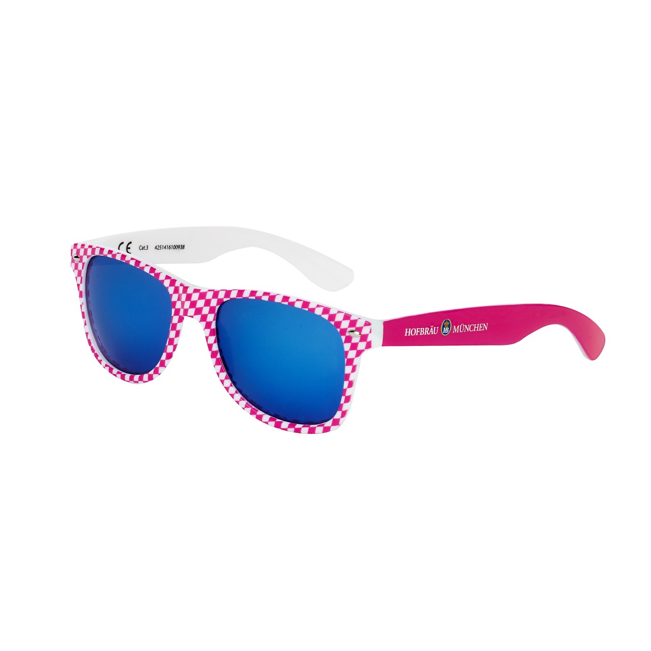 Sonnenbrille mit blauen Gläsern, Rahmen mit pink-weißen Rauten, Bügel außen pink