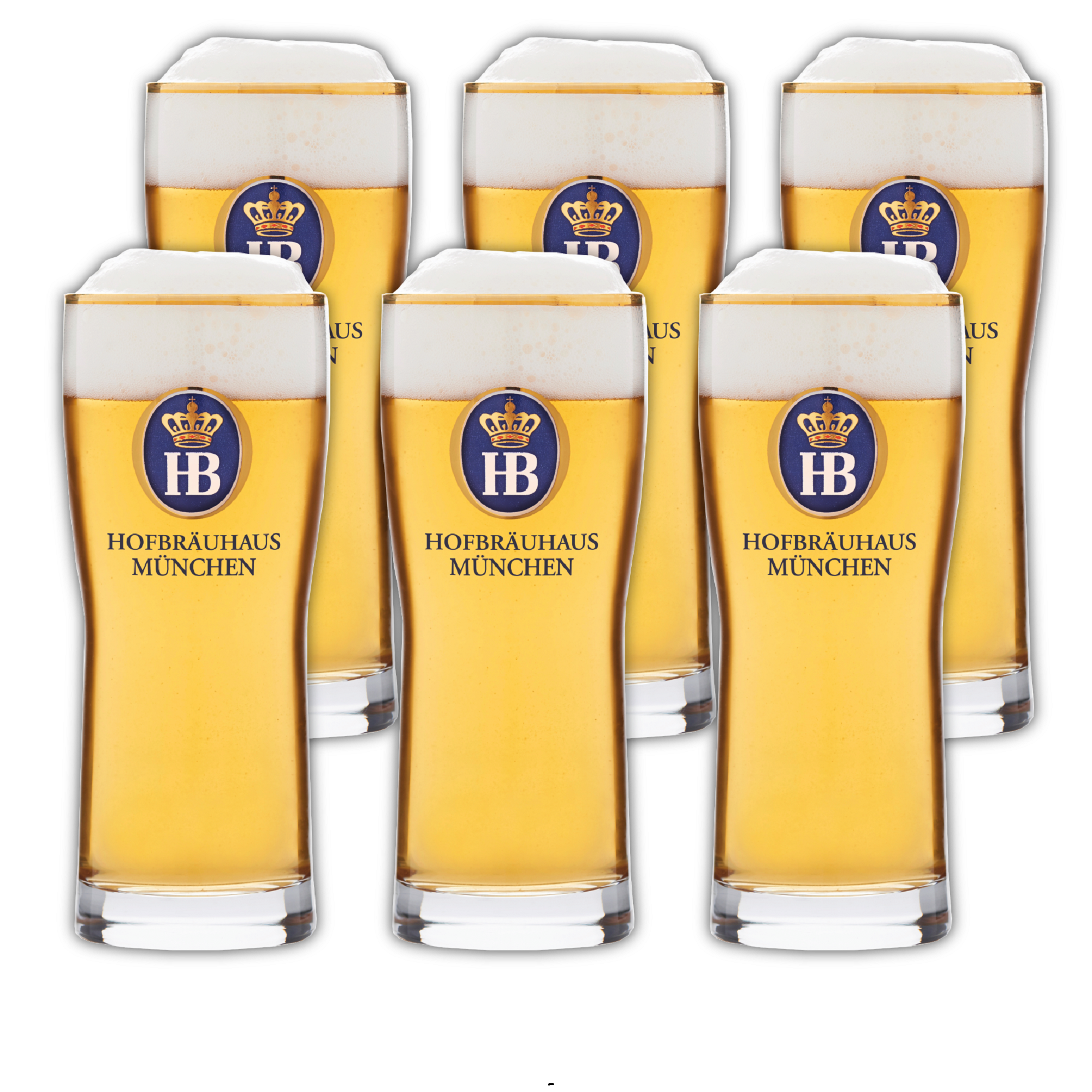 6er-Set Hofbräuhaus München Biergläser, Münchenbecher 0,3 Liter, gefüllt mit Bier und Schaumkrone, transparent mit HB-Logo