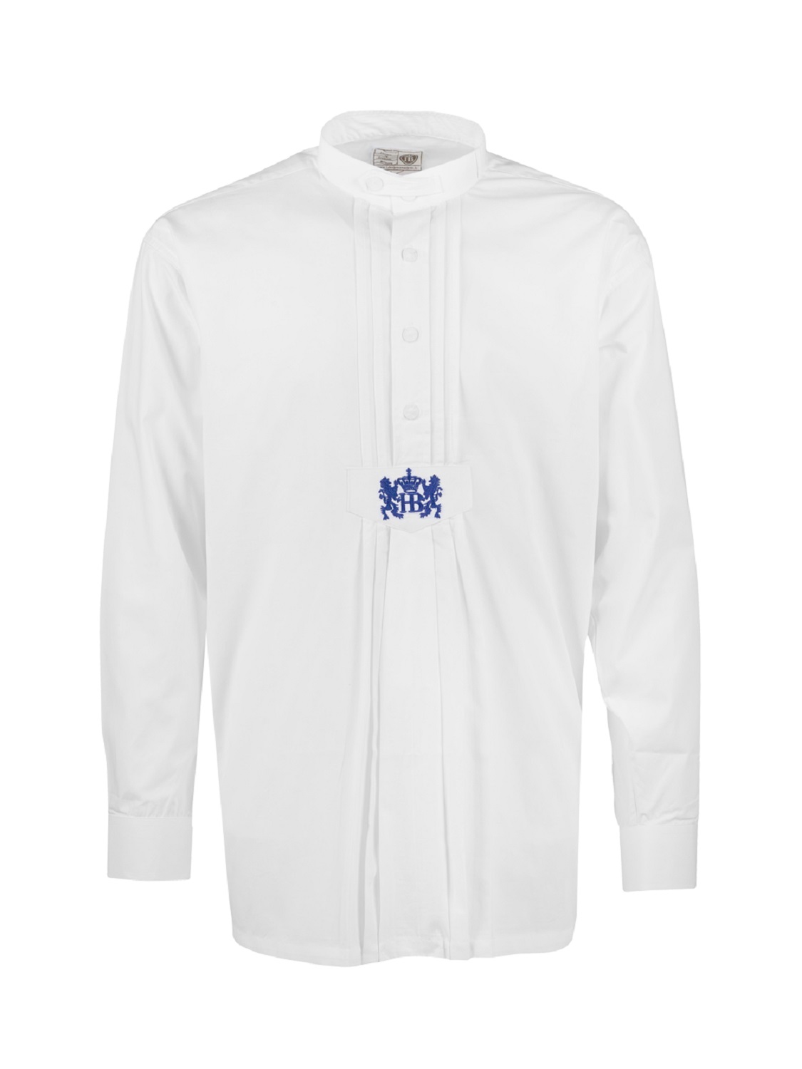 Weißes Trachtenhemd mit Stehkragen und Knopfleiste, verziert mit blauer Hofbräuhaus-Stickerei in der Frontfalte