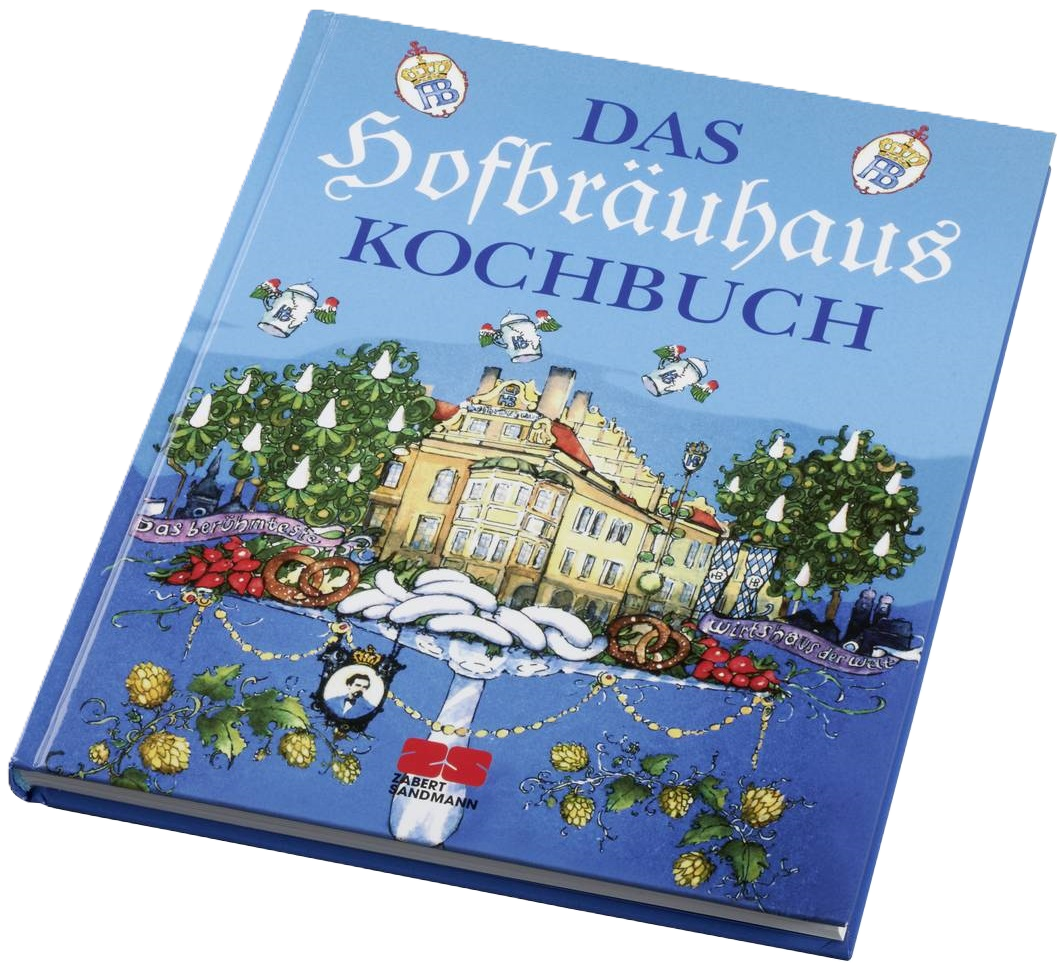 Blaues Hardcover-Kochbuch 'Das Hofbräuhaus Kochbuch' mit illustriertem Hofbräuhaus-Gebäude, Hopfenranken und HB-Logos, Rezepte aus dem Hofbräuhaus