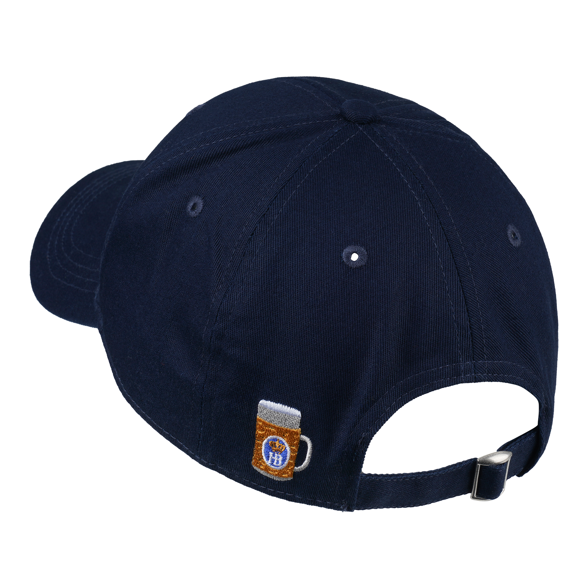 Dunkelblaue Baseballcap von hinten mit gesticktem Maßkrug-Motiv und verstellbarem Verschluss