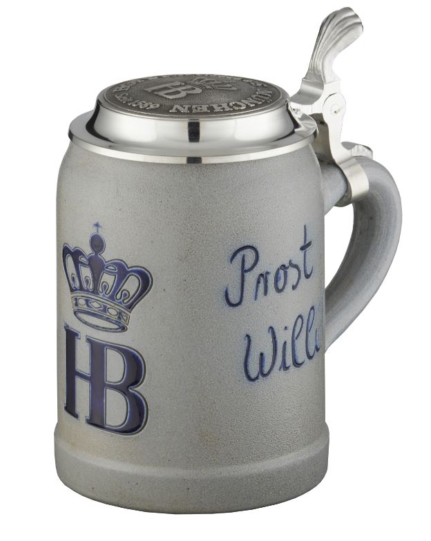 Personalisierter Steinkrug mit Salzglasur, 0,5 Liter, mit Zinndeckel, Hofbräuhaus München Logo und Namensgravur.