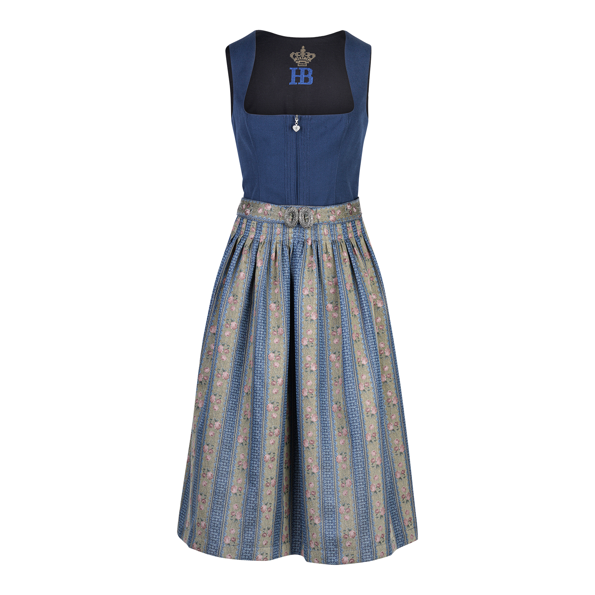 Traditionelles Dirndlkleid mit dunkelblauem Mieder, goldenem HB-Logo auf schwarzem Einsatz und einer blau-grünen, floral gemusterten Schürze.