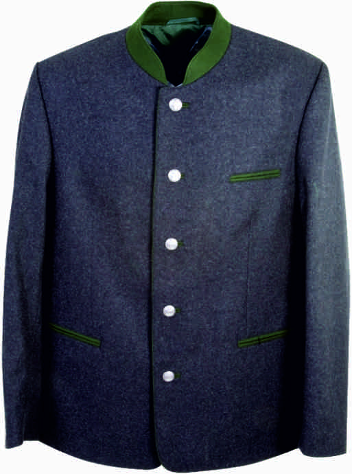 Traditioneller Braumeisterjanker in Dunkelblau mit grünem Kragen und grünen Taschenleisten.