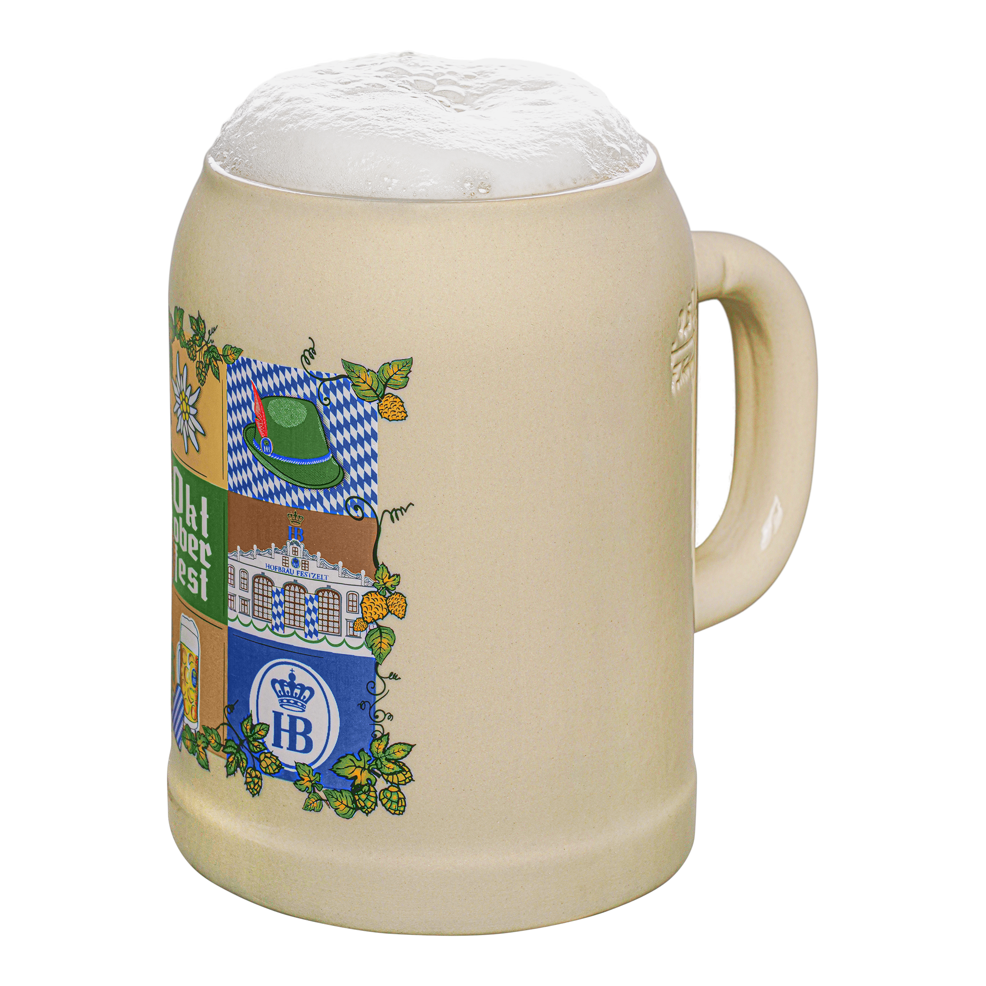 Beiger Bierkrug mit Henkel, gefüllt mit Schaum, verziert mit farbenfrohen bayerischen Motiven wie einem grünen Hut, der bayerischen Flagge, dem Hofbräuhaus München und einem Hopfenranken-Dekor.
