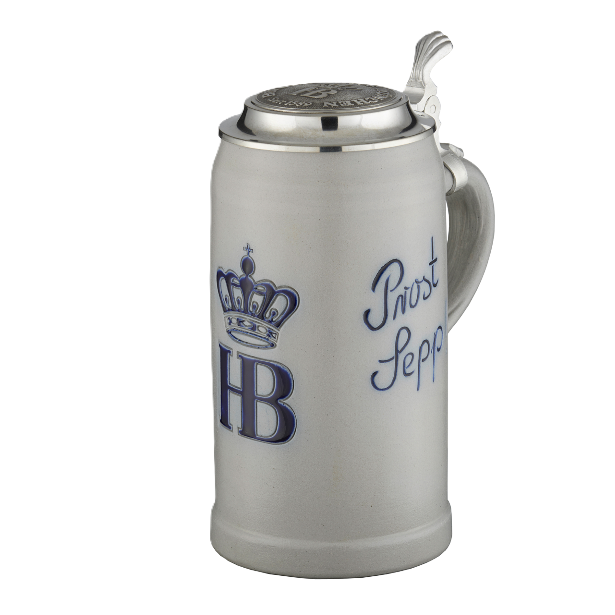 HB-Krug 1,0 l aus grauer Salzglasur mit Gravur 'Prost Sepp', seitliche Ansicht, mit Zinndeckel und blauem Hofbräuhaus-Logo