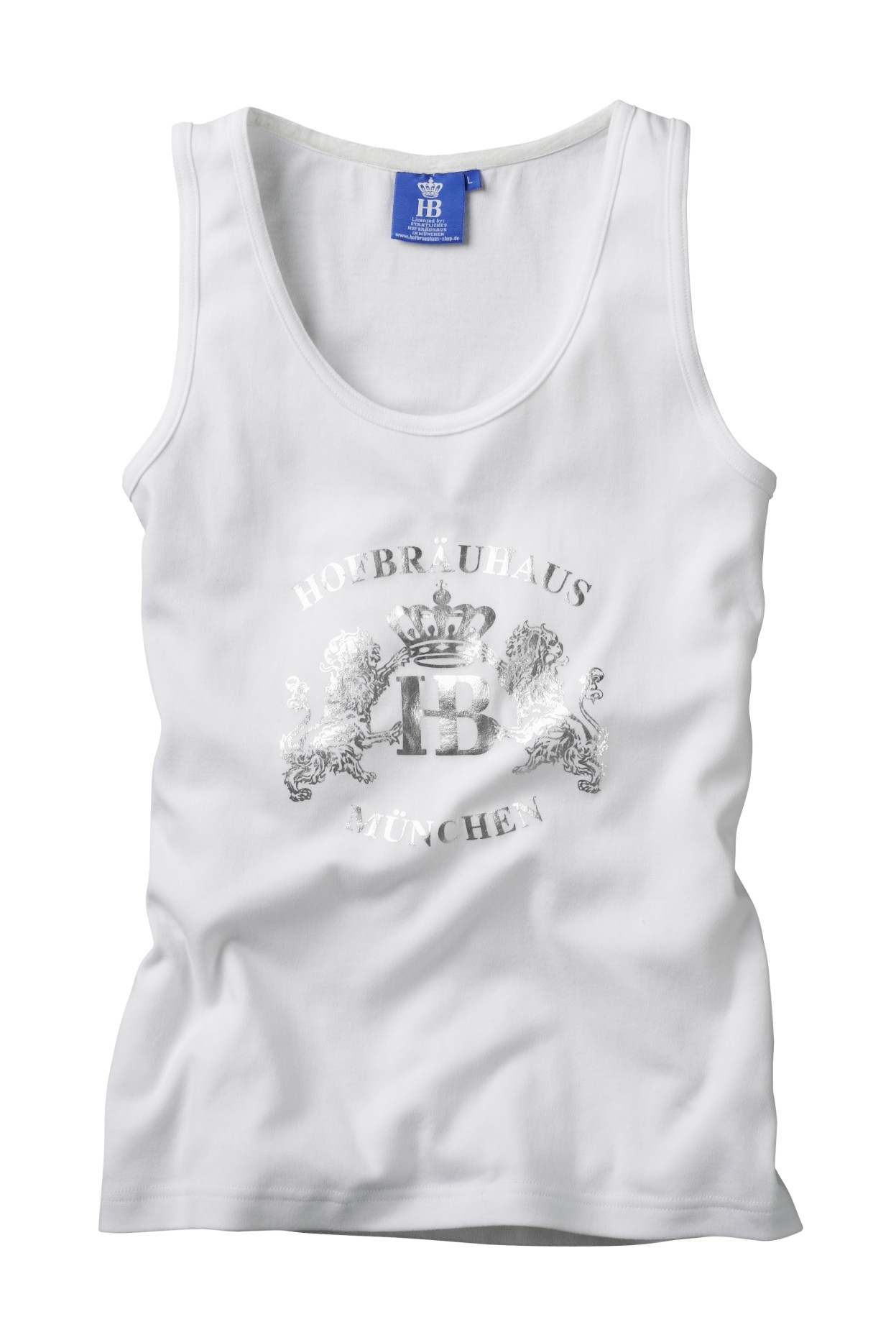 weißes Tanktop mit silbernen HB-Logo mit Krone und Löwen