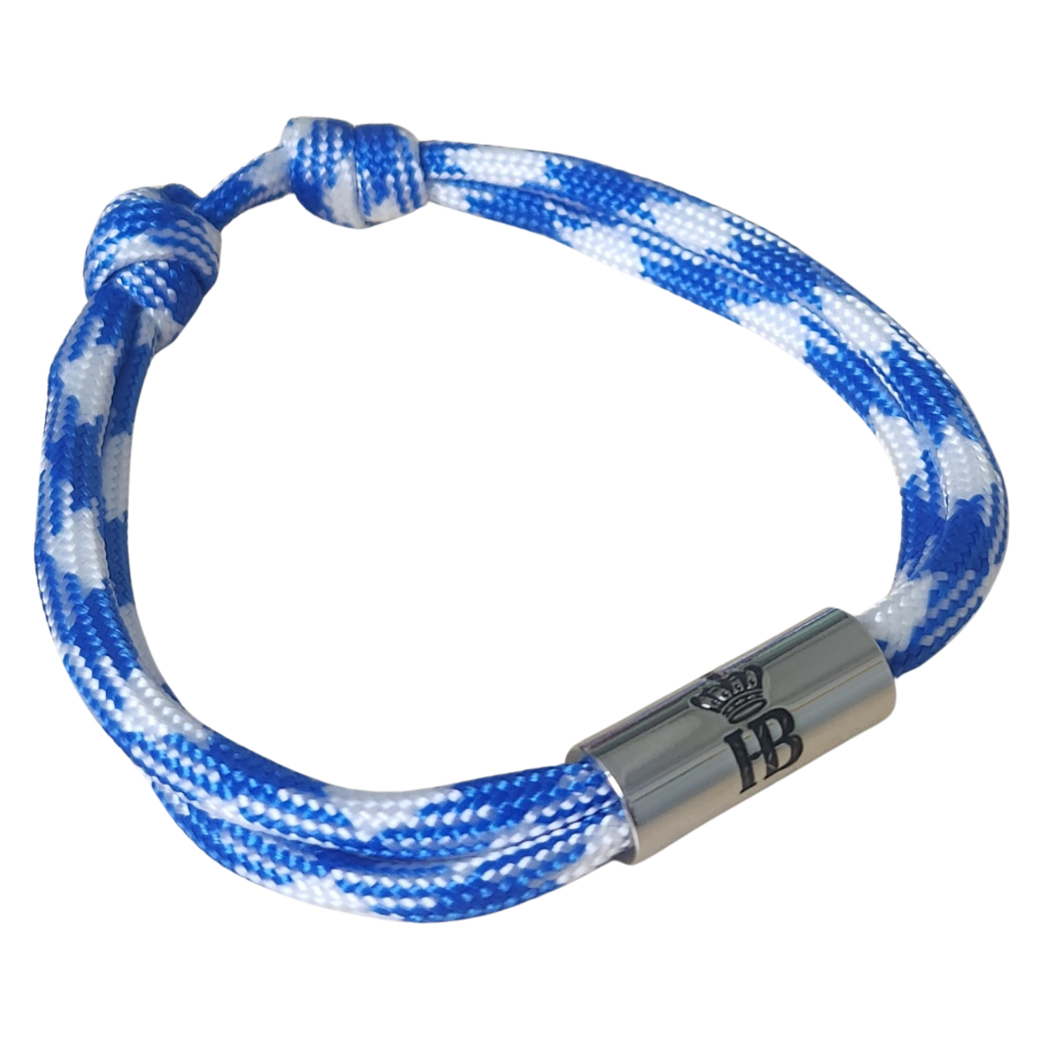 Blau-weißes Armband mit HB-Logo auf Metallverschluss.