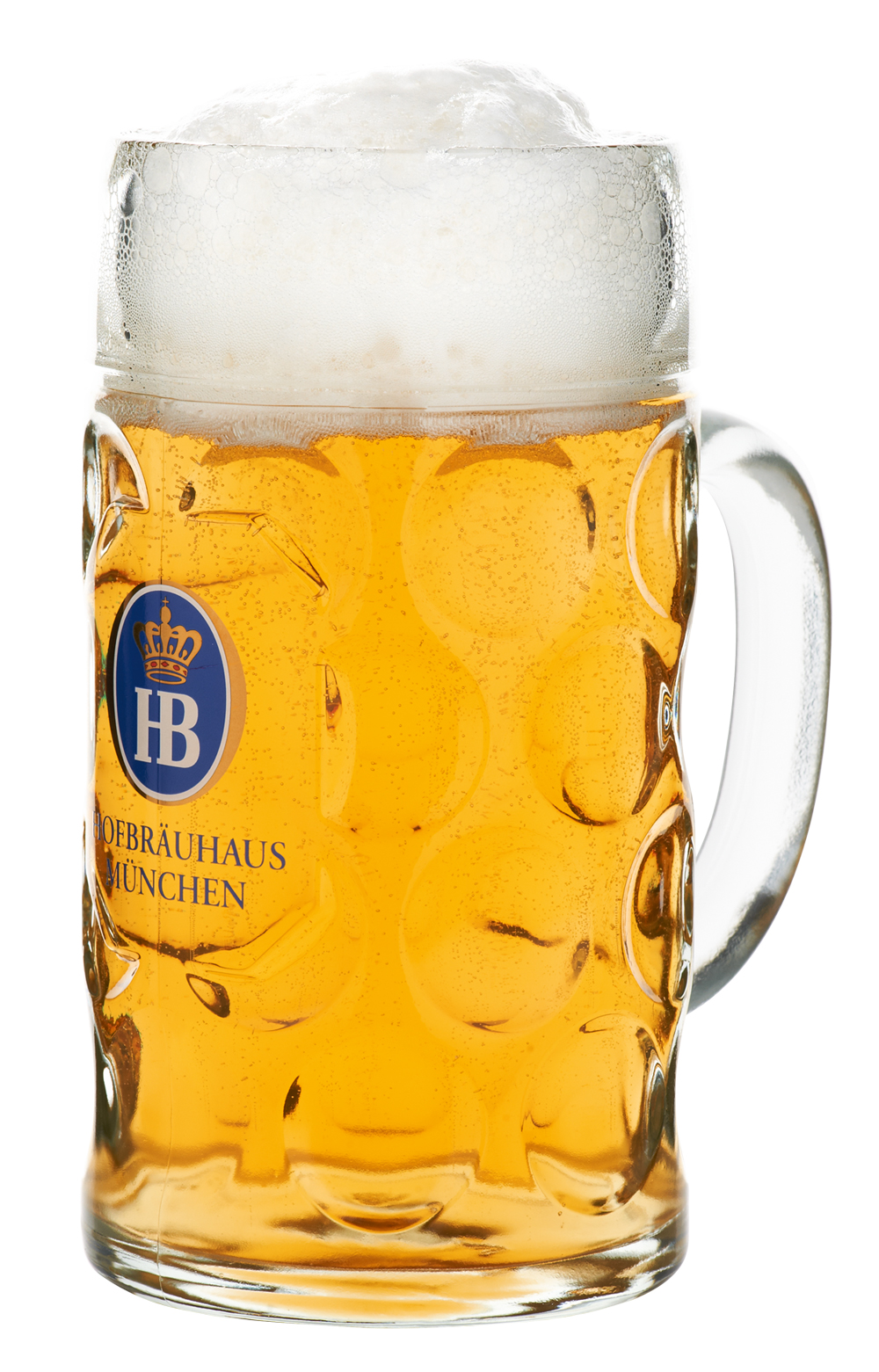 Maßkrug gefüllt mit Bier, Schaumkrone oben, mit Hofbräuhaus München-Logo auf der Vorderseite.