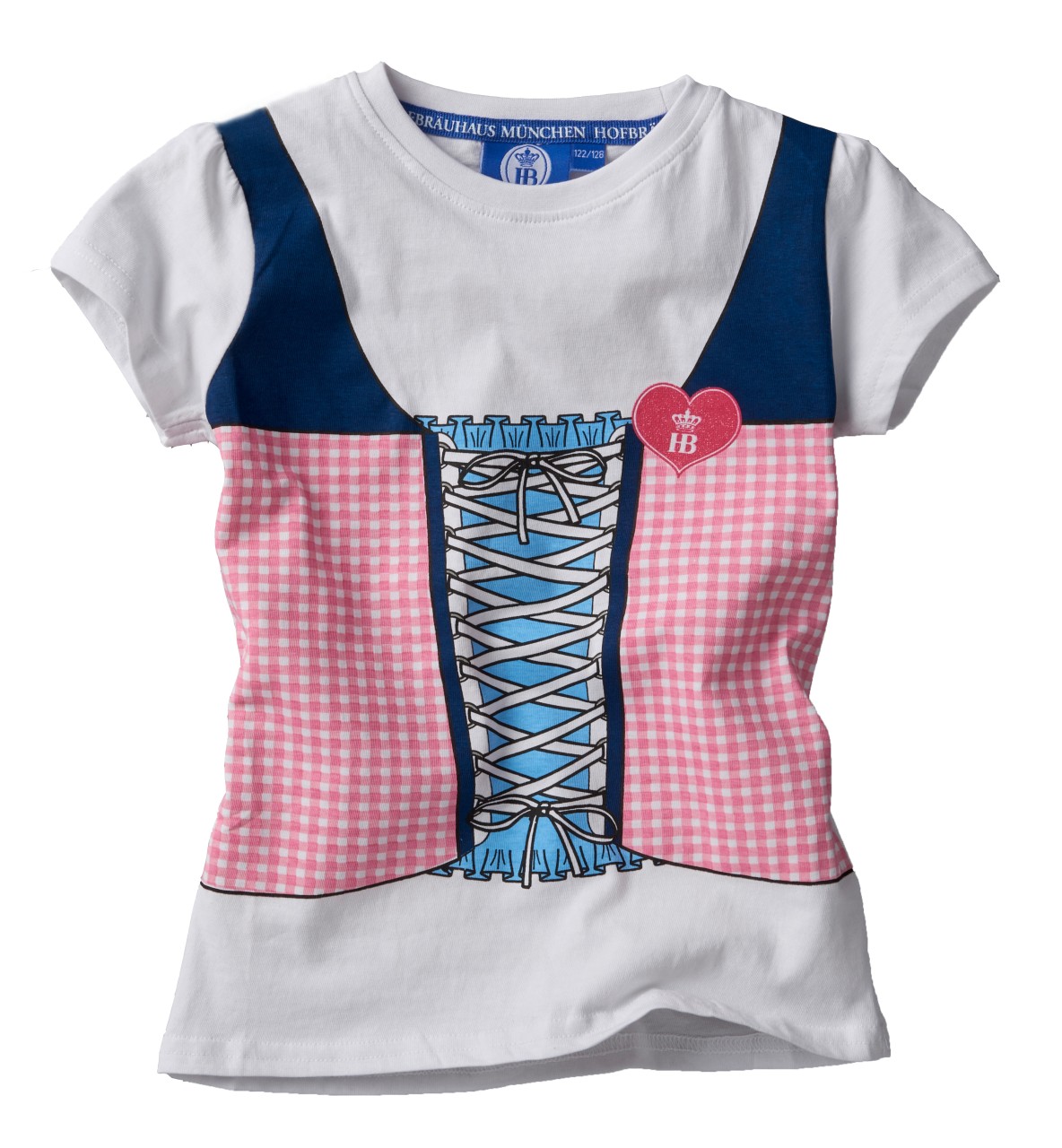 Weißes Kinder-T-Shirt mit aufgedrucktem Dirndl-Motiv in Pink und Blau sowie Hofbräuhaus München Logo