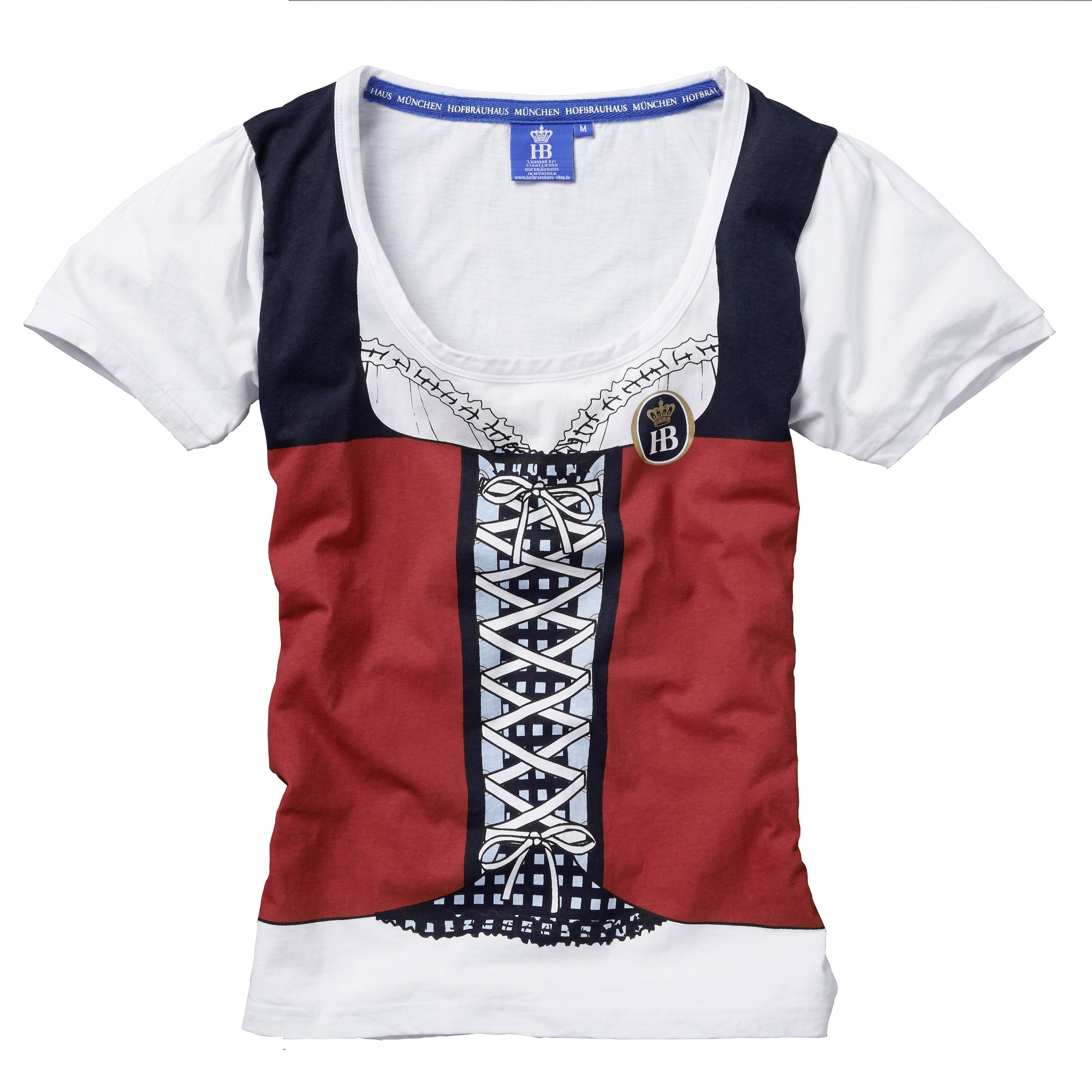 Weißes Damen-T-Shirt mit aufgedrucktem Dirndl-Motiv in Rot und Schwarz sowie Hofbräuhaus München Logo