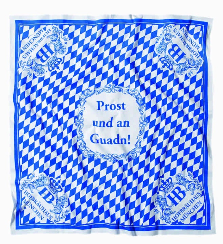 HB-Picknickdecke in bayerischem Rautenmuster und Hofbräuhaus Logo mit Löwen. Es misst 1 Meter auf 1 Meter