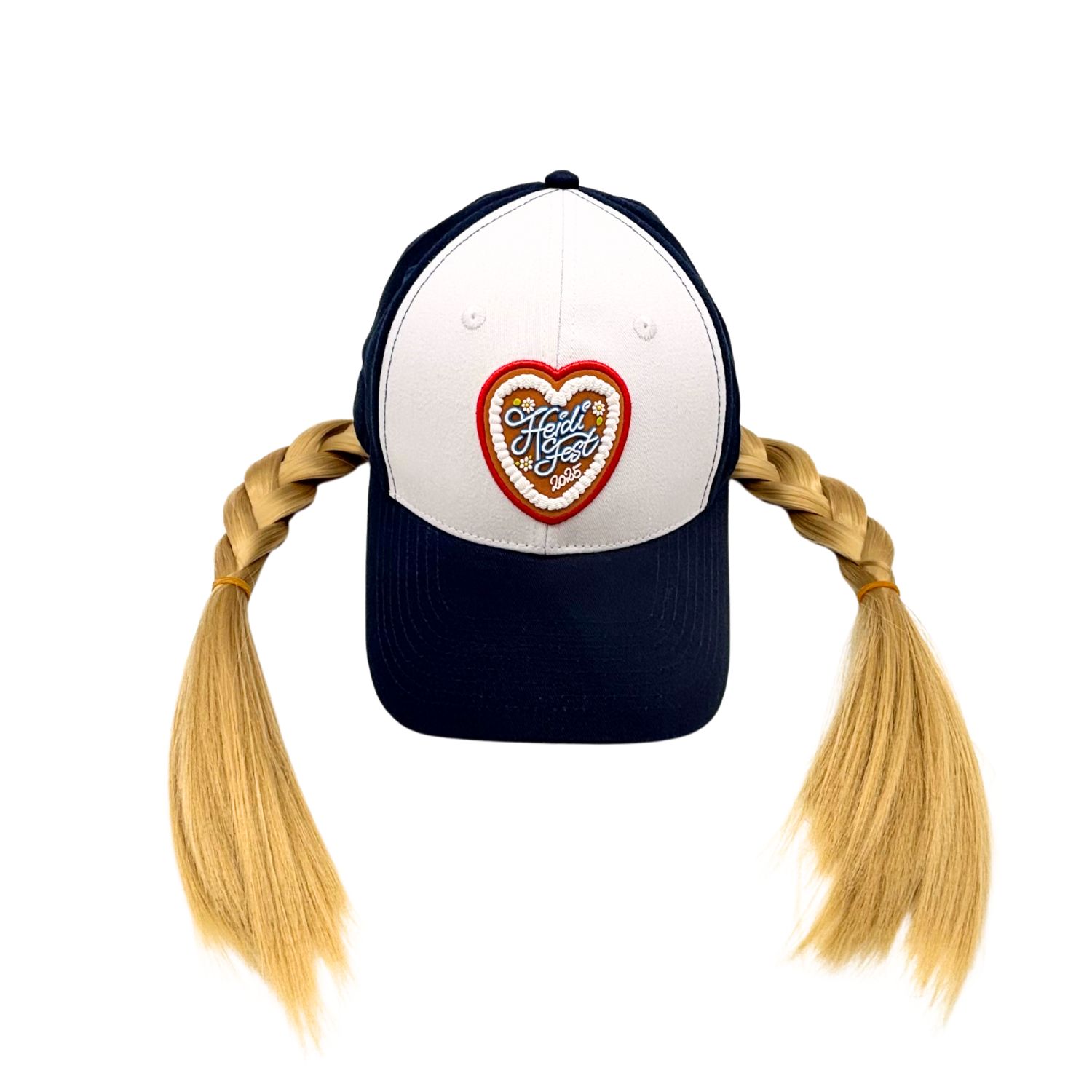 Cap blau/weiß mit blonden Zöpfen, Stirn mit  Lebkuchenherz Heidifest Heidi Klum. auf weißem Grund, Schirm und Hinterseite in blau