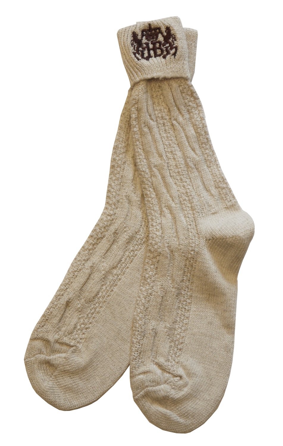 Traditionelle beige Trachtensocken mit Strickmuster und eingearbeitetem Hofbräuhaus-Logo am Bund.