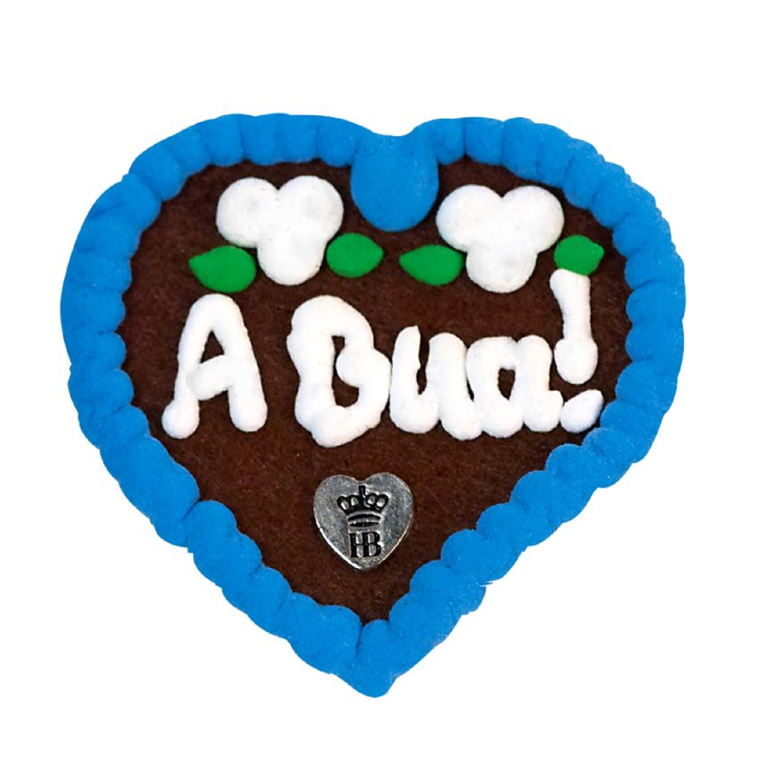 Lebkuchenherz mit blauer Umrandung, weißer Aufschrift 'A Bua!' und kleinem HB-Logo im Herzsymbol