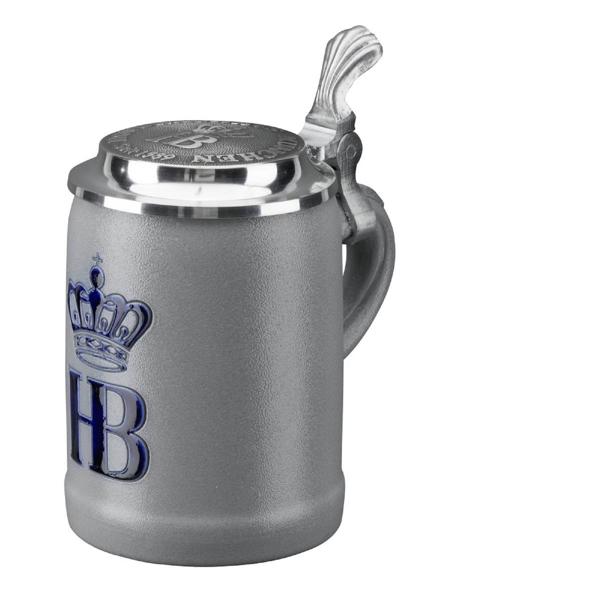 HB-Krug 250 ml Salzglasur mit Zinndeckel – klassischer Maßkrug mit HB-Krone. Seitlicher Ansicht