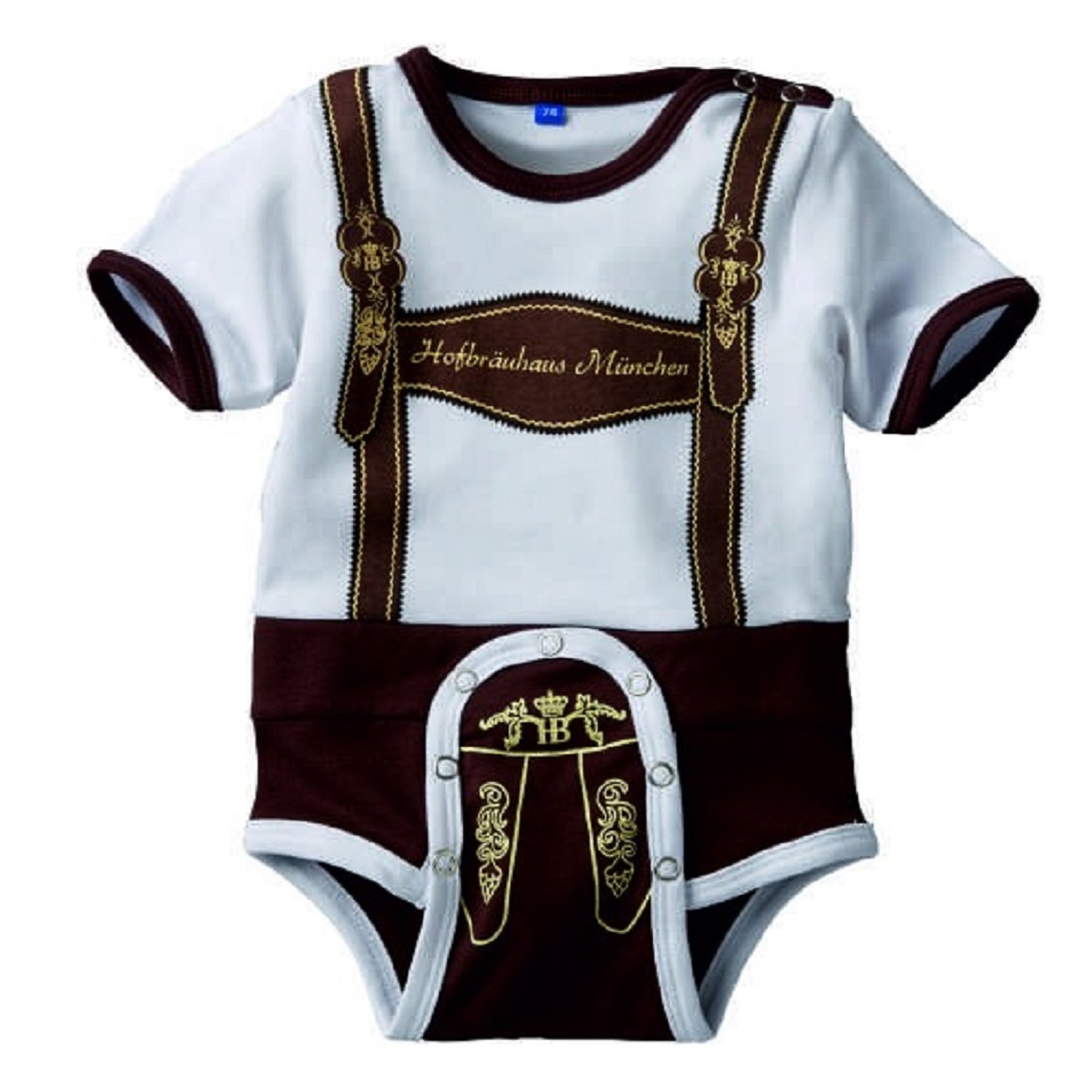 Babybody im Lederhosen-Design in Weiß und Braun mit goldener Stickerei und Aufschrift ‚Hofbräuhaus München