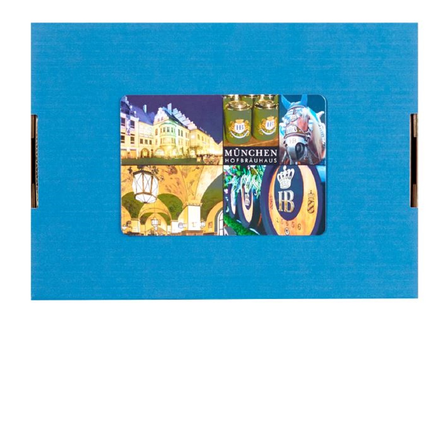 Blaue Geschenkbox mit Sichtfenster, das einen HB-Münchenbecher (0,3 Liter) mit Hofbräuhaus-Motiven zeigt