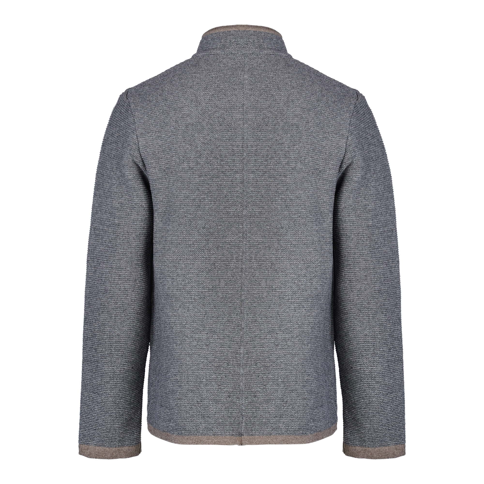 Rückseite einer grauen Trachtenjacke mit Stehkragen und beigem Saumabschluss.
