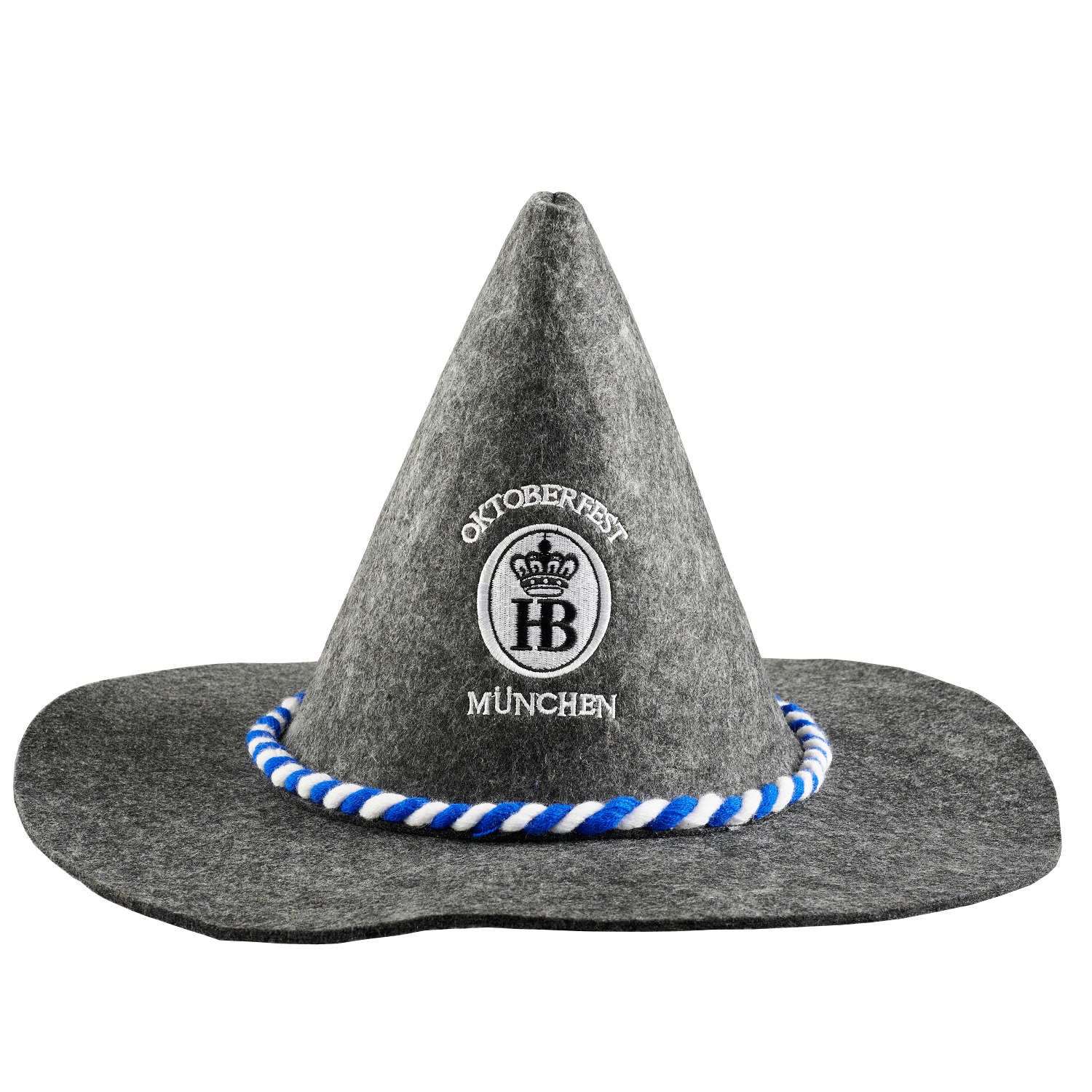 Grauer Seppelhut aus Filz mit breiter Krempe, blau-weißer Kordel und aufgesticktem Hofbräuhaus-Oktoberfest-Logo