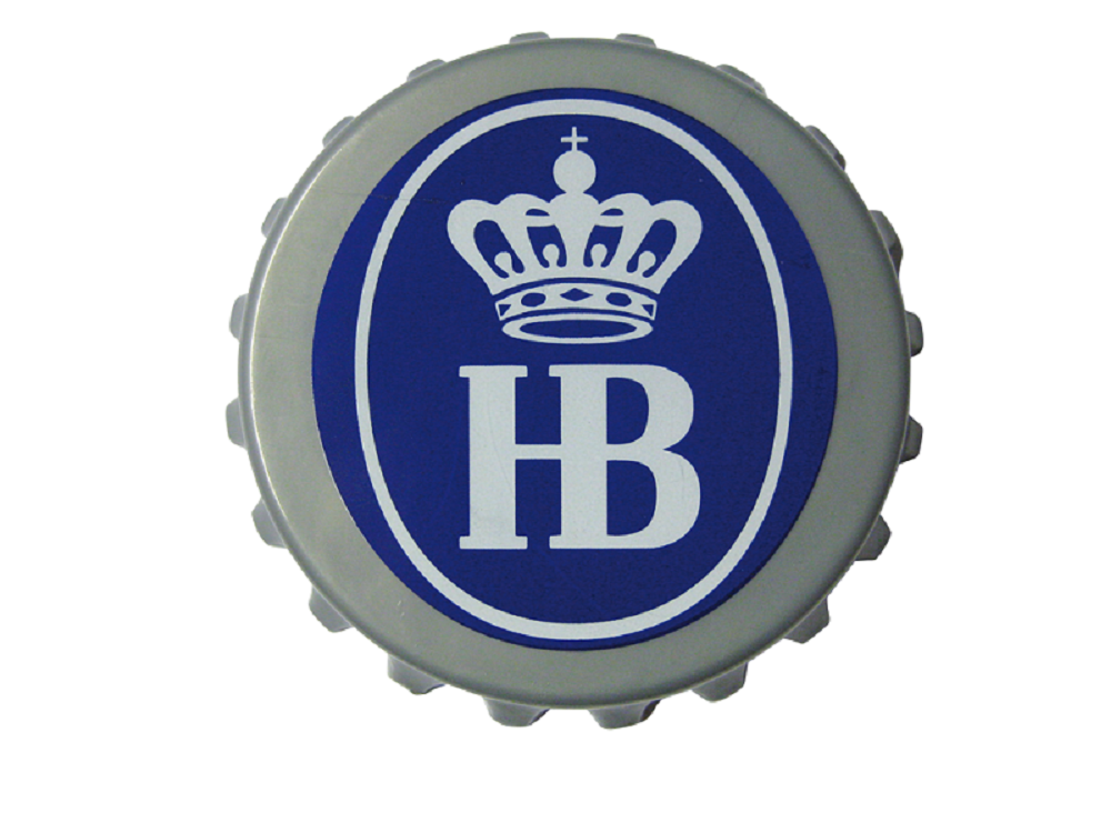 Magnetischer Flaschenöffner in Form eines silbernen Kronkorkens mit blauem Hofbräuhaus-Logo und Krone.