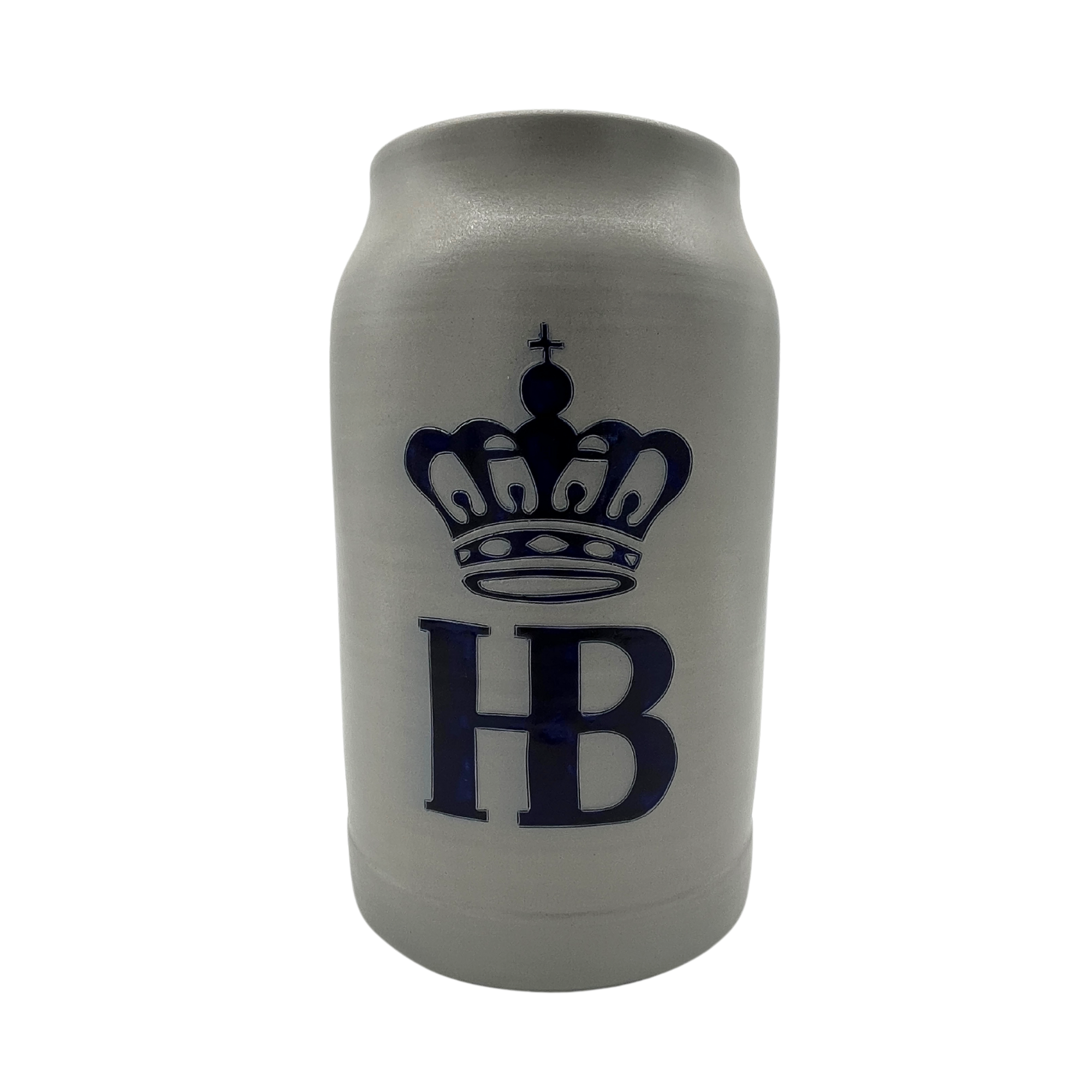 Großer Bierkrug aus Stein mit dunkelblauem Hofbräuhaus-Logo und Krone.