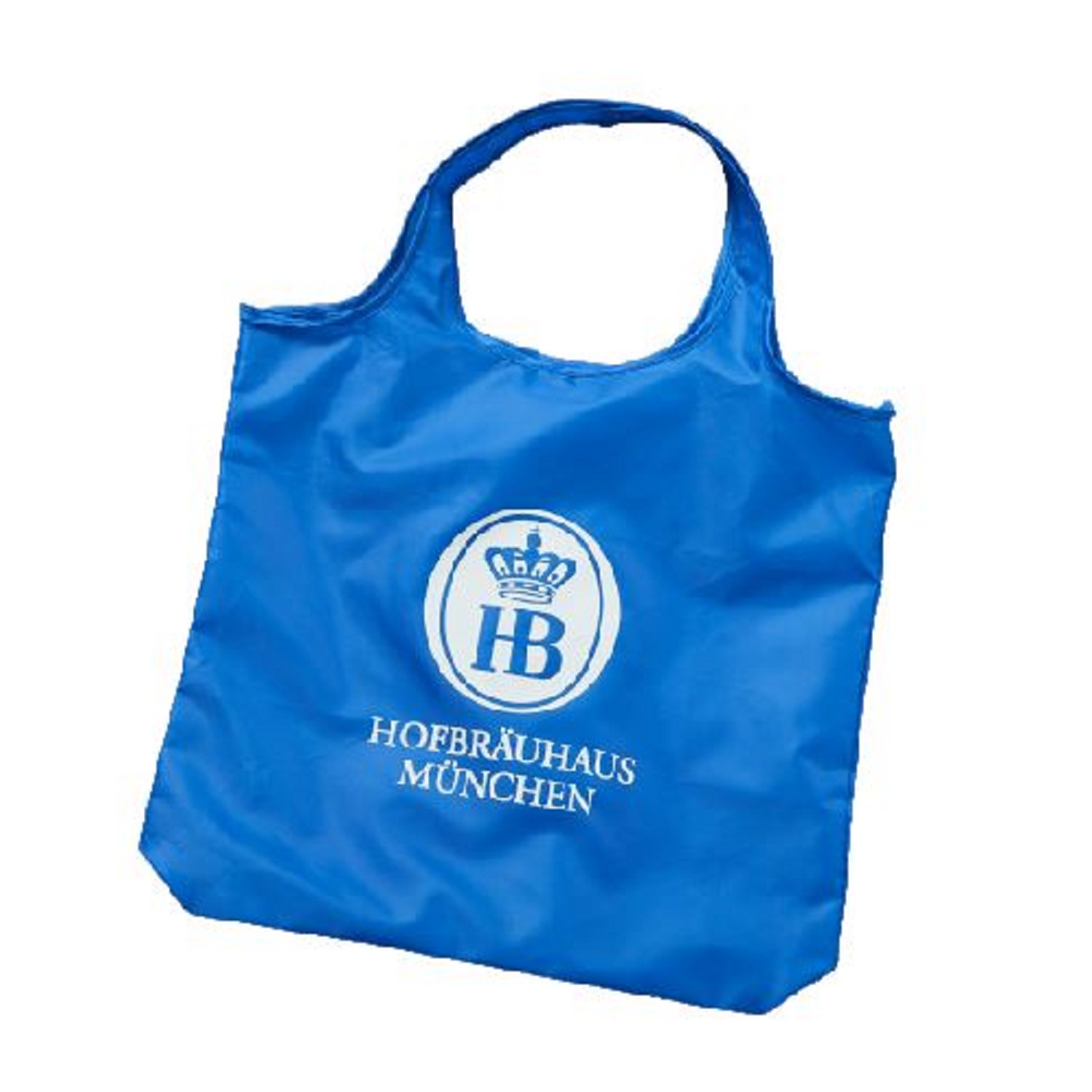 Blaue Einkaufstasche mit HB-Logo und Aufschrift Hofbräuhaus München, vollständig ausgepackt und einsatzbereit