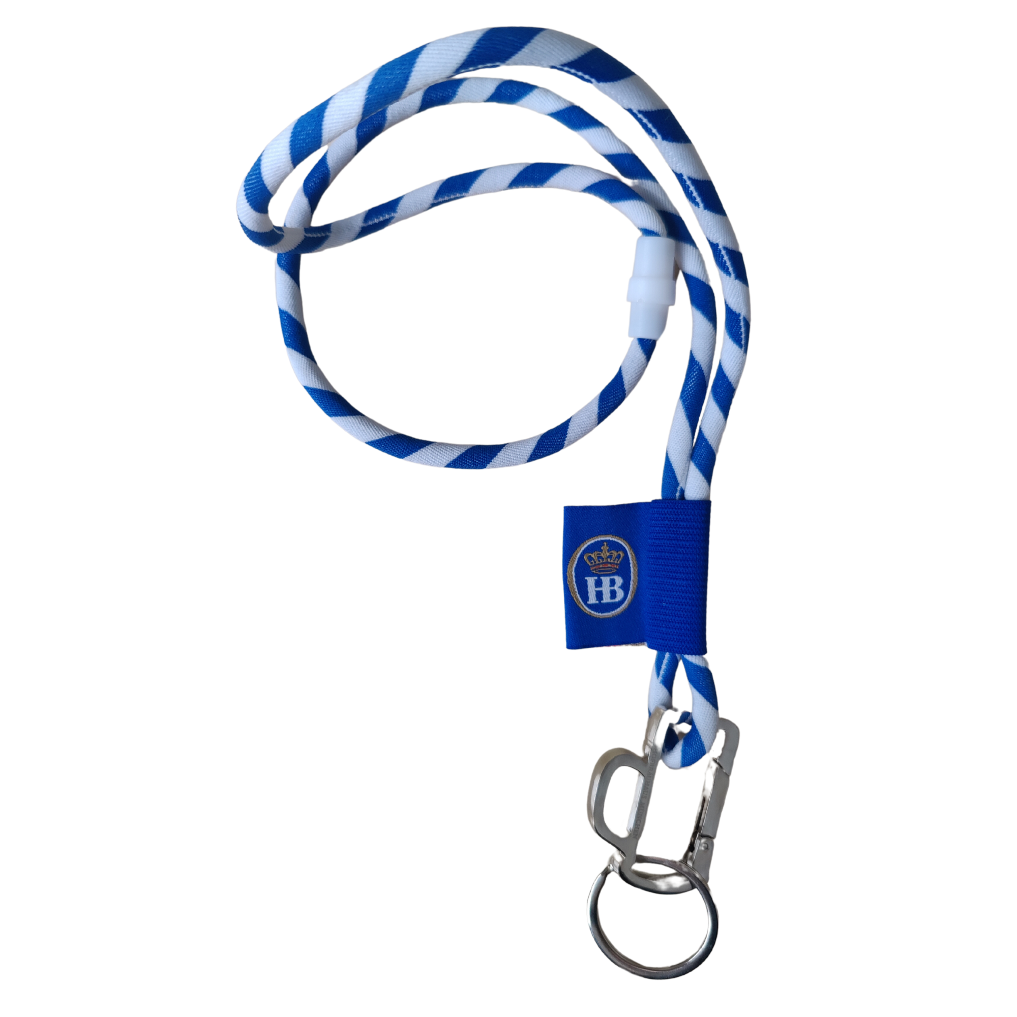 Blau-weiß gestreiftes Hofbräuhaus München Lanyard mit Metallclip und Schlüsselring.