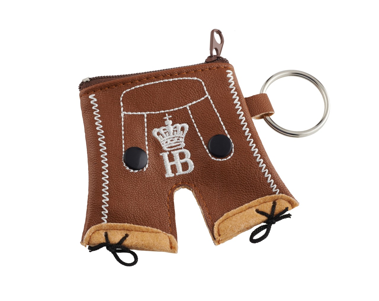 Brauner Schlüsselanhänger in Lederhosen-Form mit Reißverschlussfach und Hofbräuhaus München Logo.