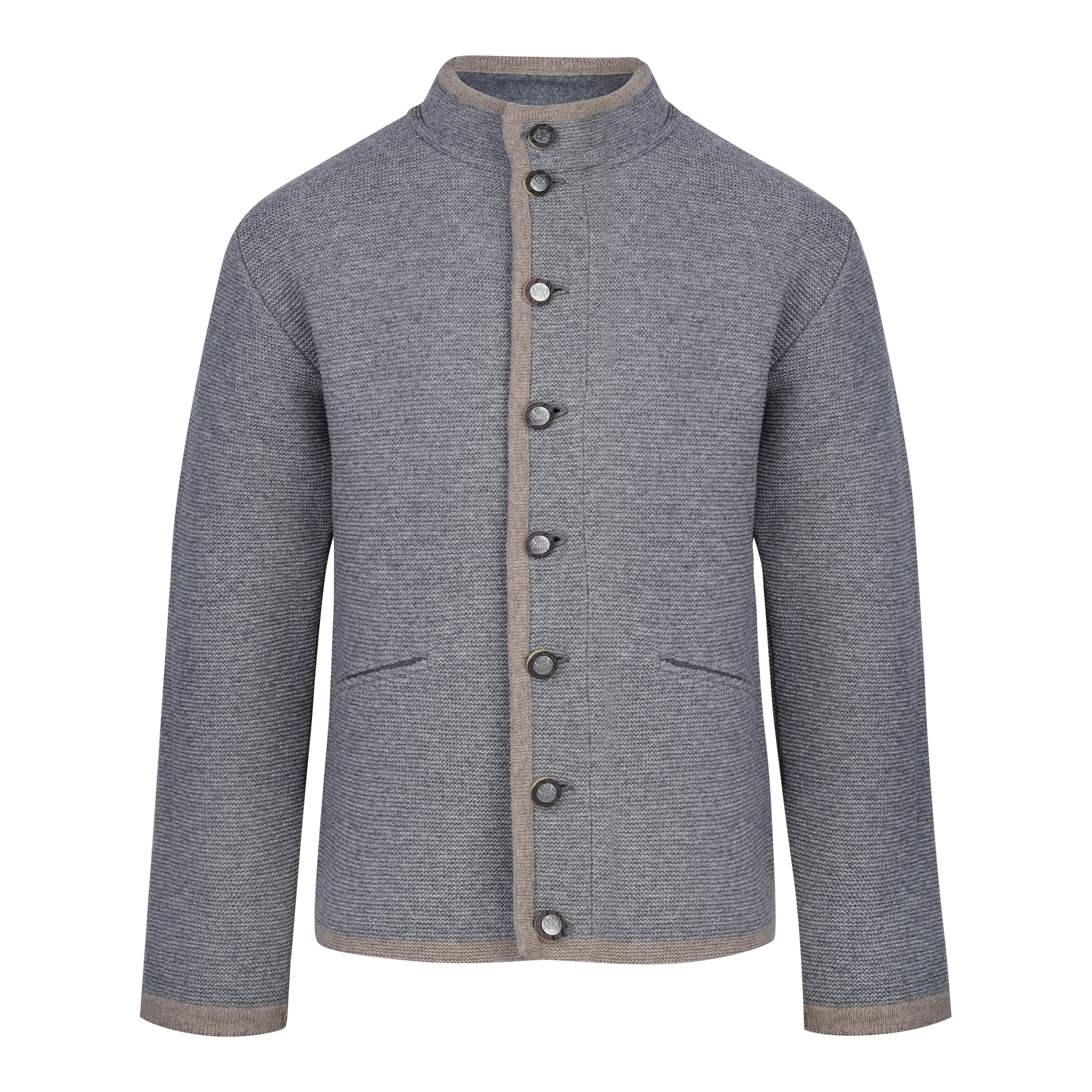 Graue Trachtenjacke mit Stehkragen, durchgehender Knopfleiste und beigen Paspeln an Kragen, Knopfleiste und Ärmeln.