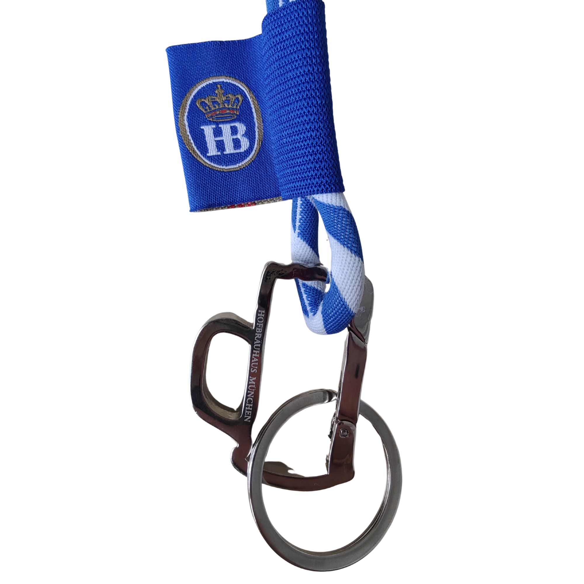 Nahaufnahme des Schlüsselanhängers am blau-weiß gestreiften Hofbräuhaus München Lanyard mit Metallclip und Schlüsselring.