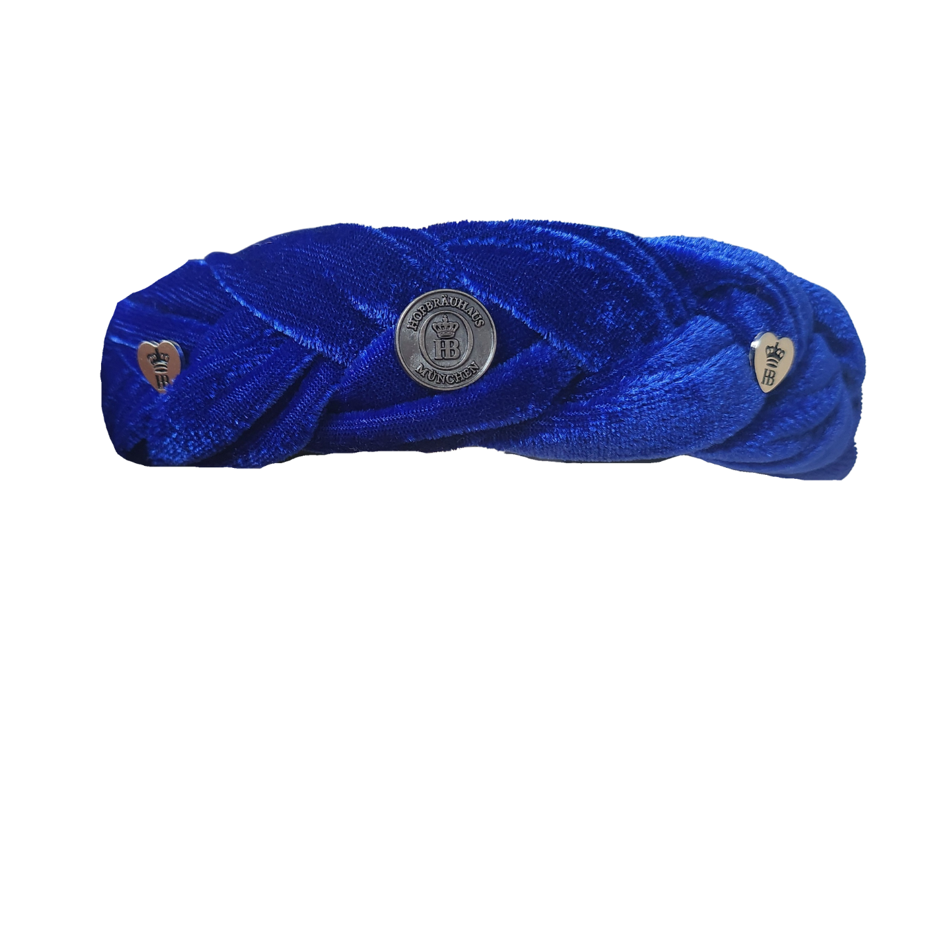 Blauer, geflochtener Haarreif aus Samt auf weißem Hintergrund. Draufsicht von oben mit Applikationen in Münzform und 2 Herzen, HB Logo auf Applikationen