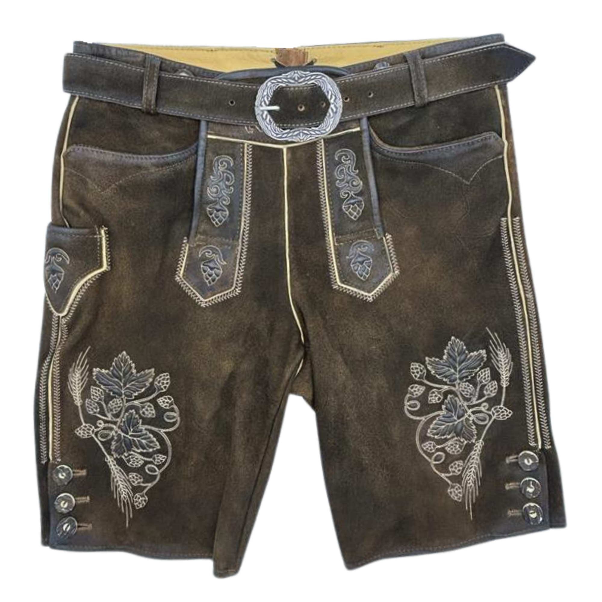 Braune Lederhose mit bestickten Verzierungen und Gürtel.