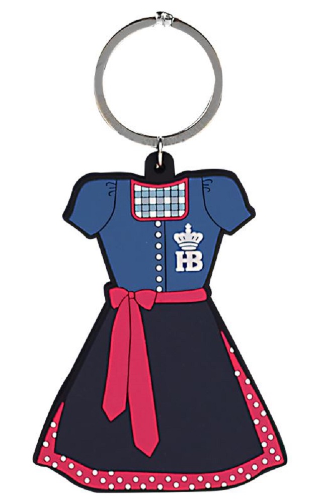 Schlüsselanhänger in Form eines Dirndls in Blau und Rot mit Hofbräuhaus-Logo auf der Brust und roter Schleife.