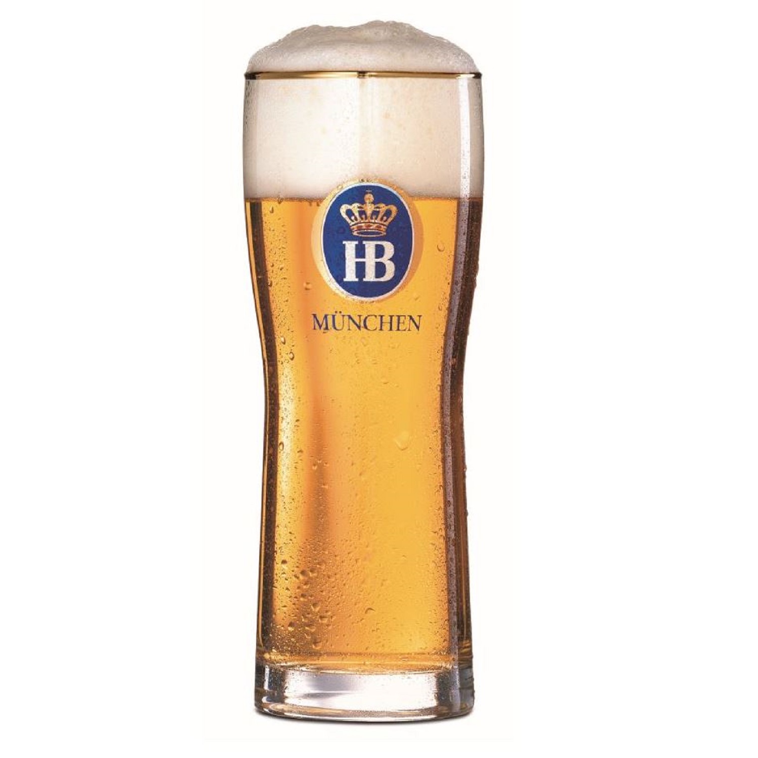 Gefülltes Bierglas mit Schaumkrone und blauem HB-München-Logo auf der Vorderseite