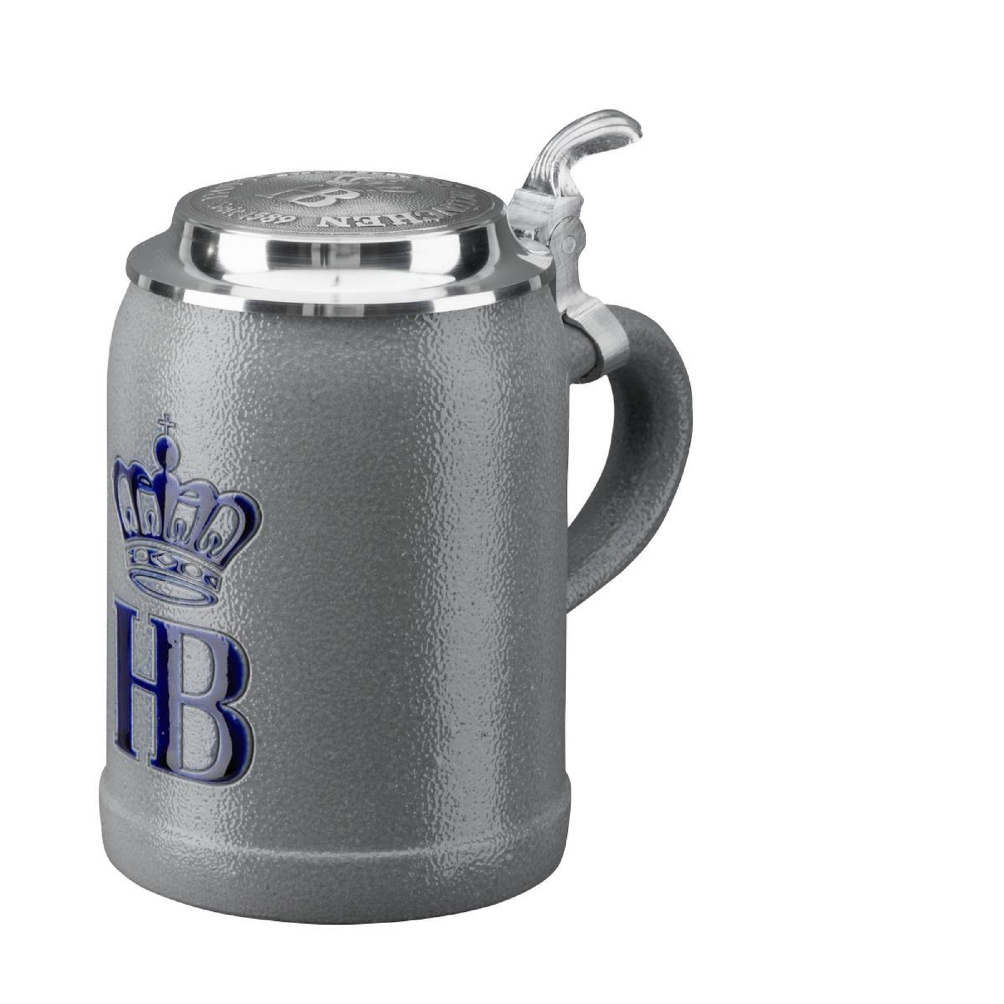 HB-Krug 0,5 l Salzglasur mit Zinndeckel – klassischer Maßkrug mit HB-Krone. Seitlicher Ansicht