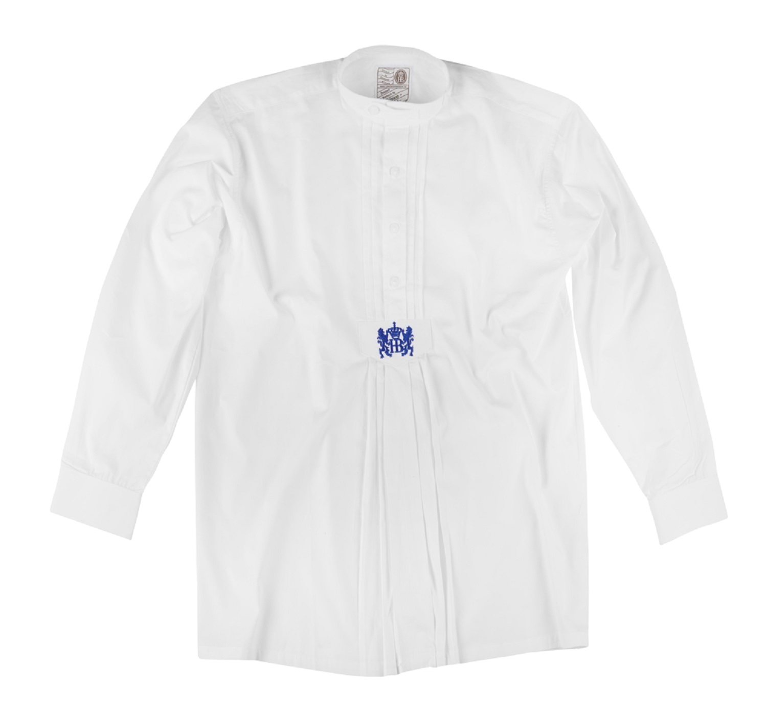 Weißes Trachtenhemd mit Stehkragen, Knopfleiste und blauer Hofbräuhaus-Stickerei in der Frontfalte