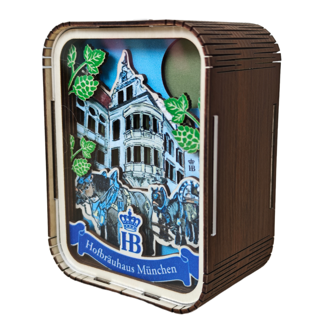 rechteckige LED-Holz-Lampe mit 3D Hofbräuhaus un Mond, unbeleuchtet