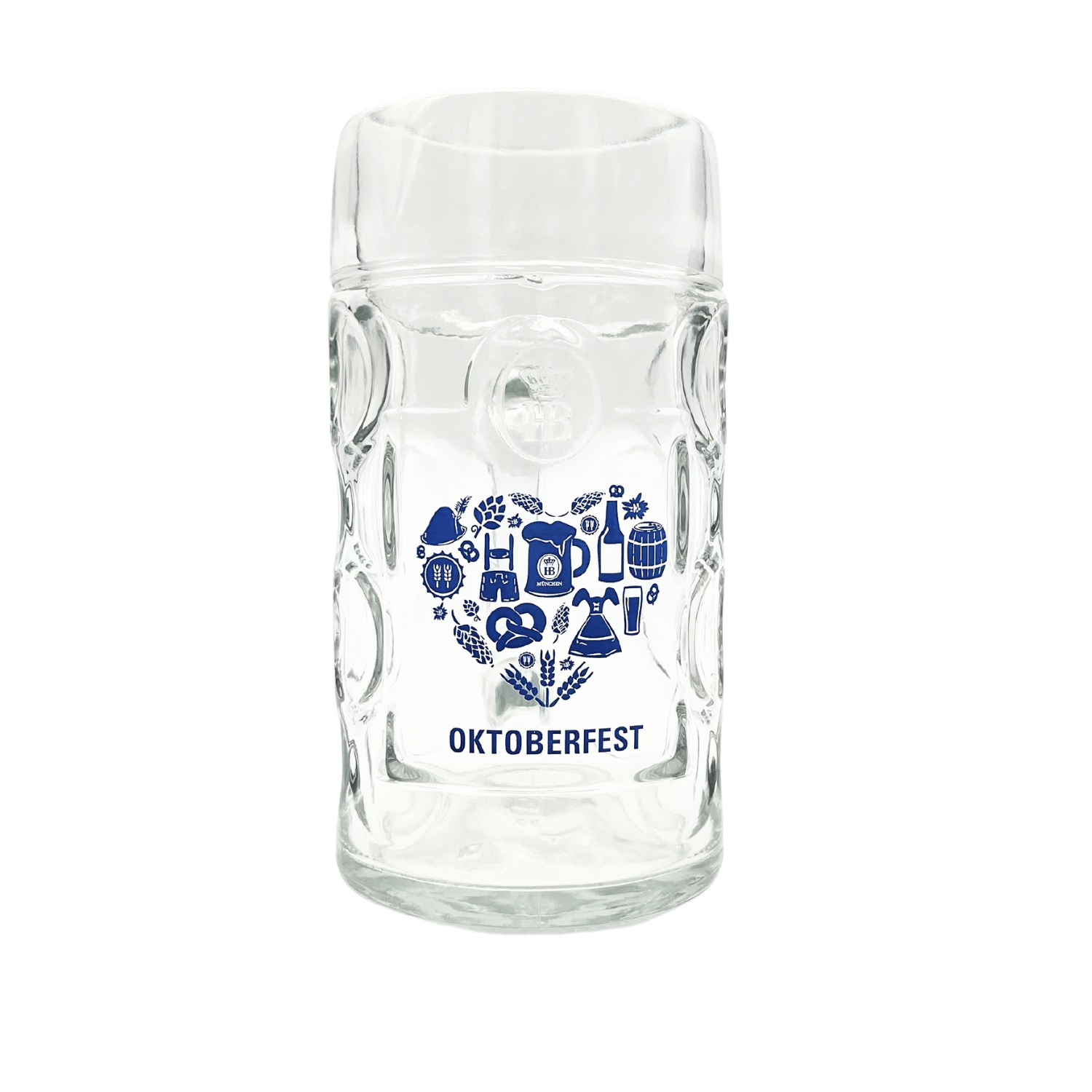 „Glaskrug Isarseidel mit blauem Herzmotiv aus Oktoberfest-Symbolen wie Brezeln, Bierkrügen und Musikinstrumenten, darunter der Schriftzug ‚OKTOBERFEST‘.“