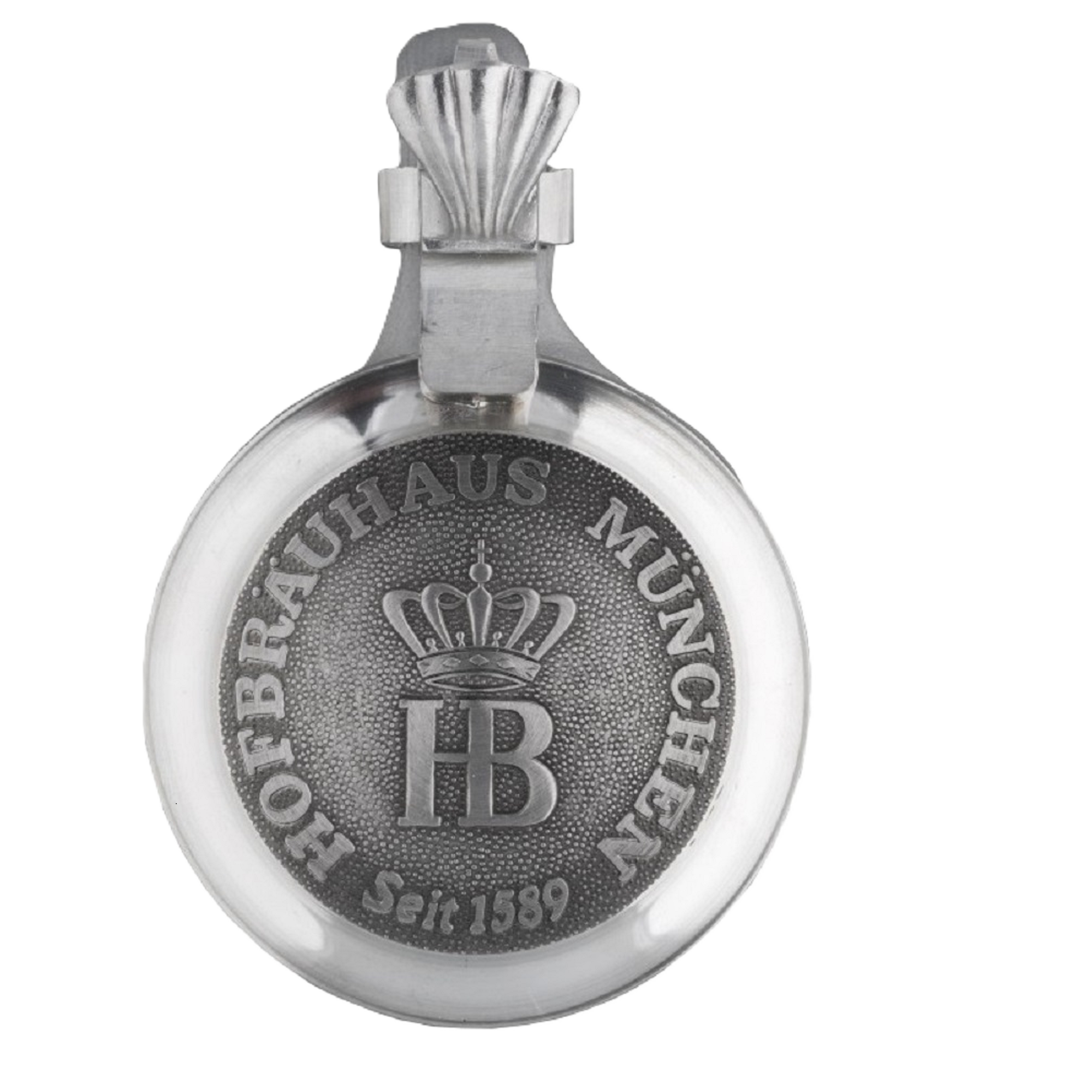 Flacher Zinndeckel mit Gravur 'Hofbräuhaus München – Seit 1589' und HB-Krone