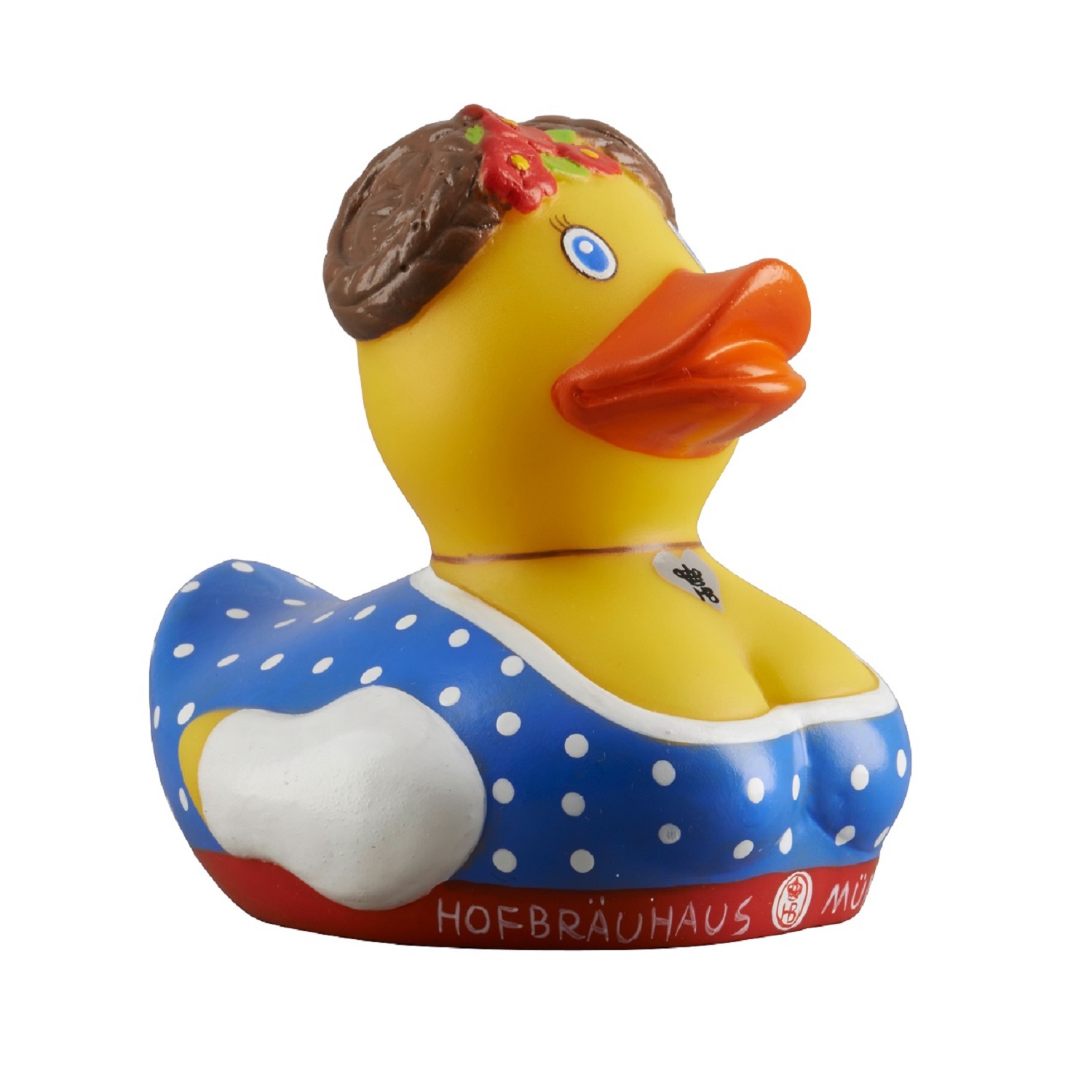 Gelbe Badeente im Dirndl-Look mit blauem, gepunktetem Kleid, roten Lippen, brauner Haarpracht mit Blütenkranz und der Aufschrift 'Hofbräuhaus München' am unteren Rand