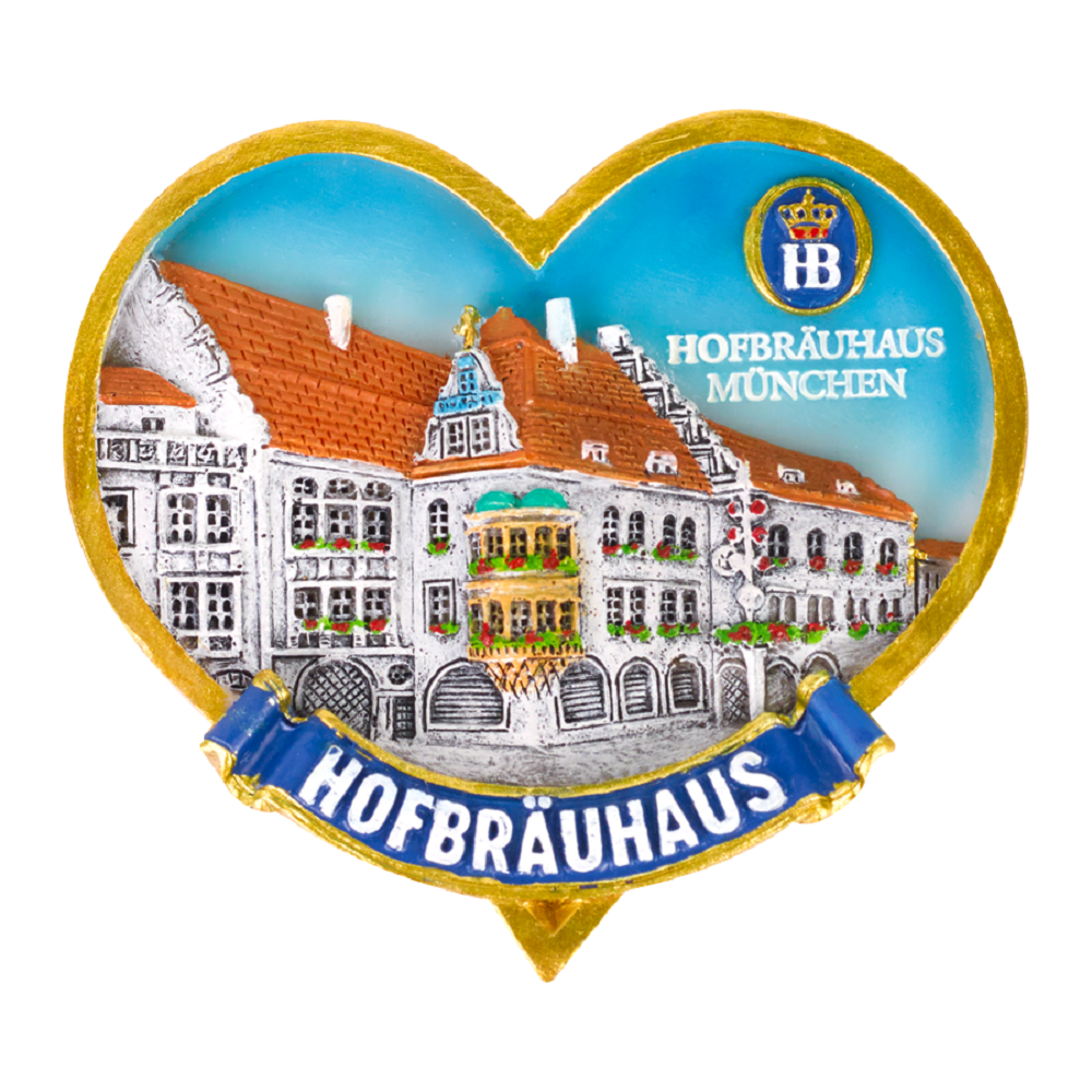 Herzförmiger Kühlschrankmagnet mit farbiger Darstellung des Hofbräuhaus München, blauem Himmel und Hofbräuhaus-Logo.