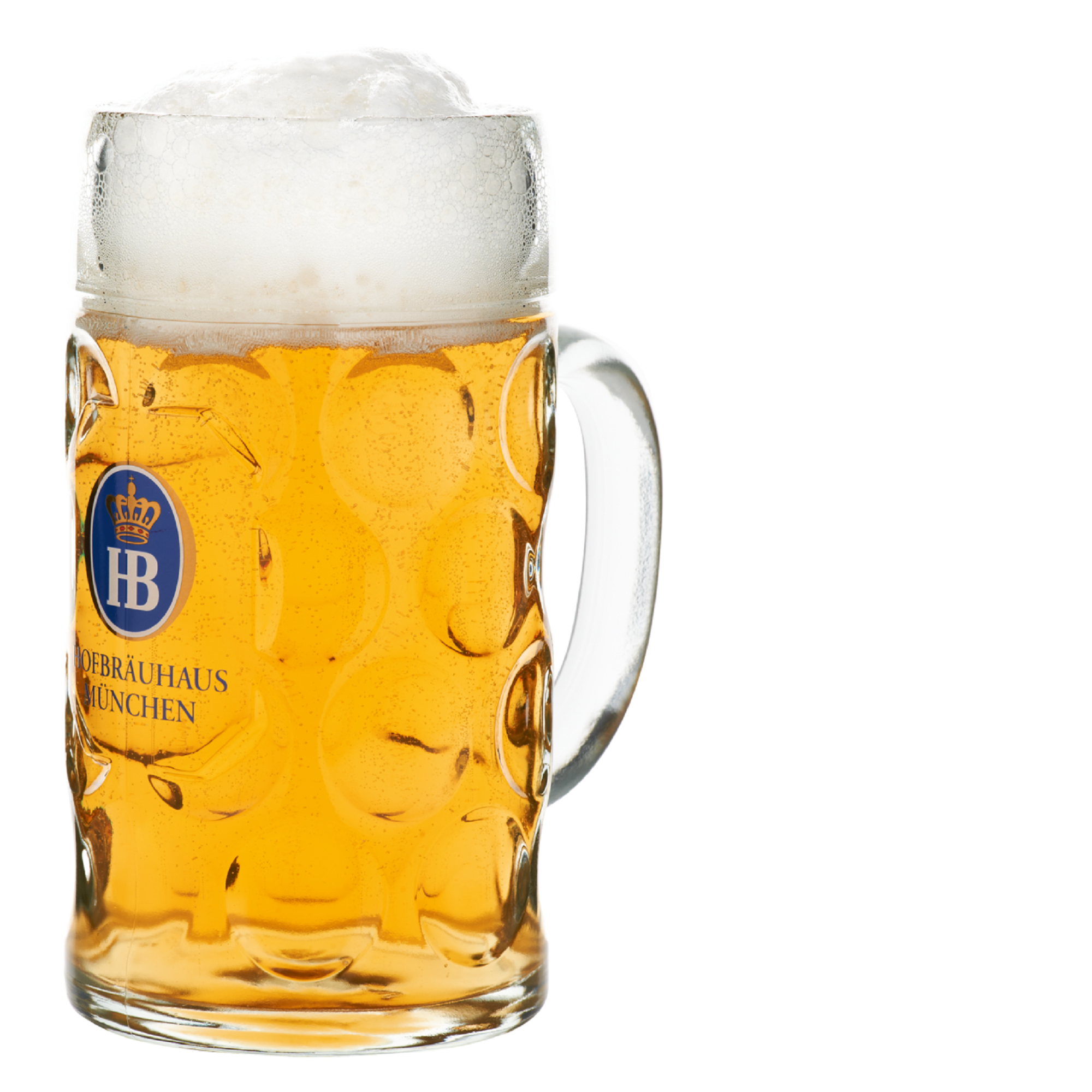 HB Glaskrug Isarseidel 0,5 l – Seitenansicht, klassischer Bierkrug mit Henkel aus dem Hofbräuhaus München.