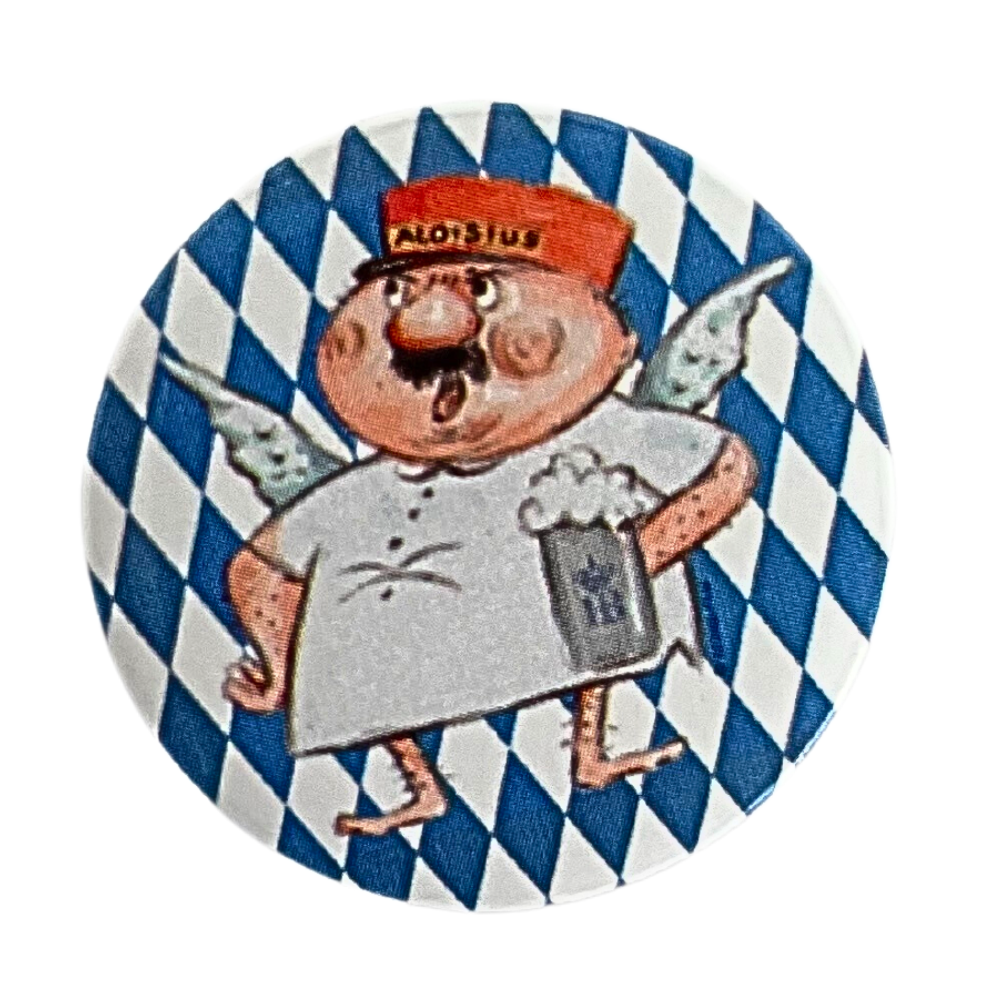 Runder Button mit Aloisius auf weiß-blauem Rautenmuster, Bierkrug in der Hand und roter Mütze.