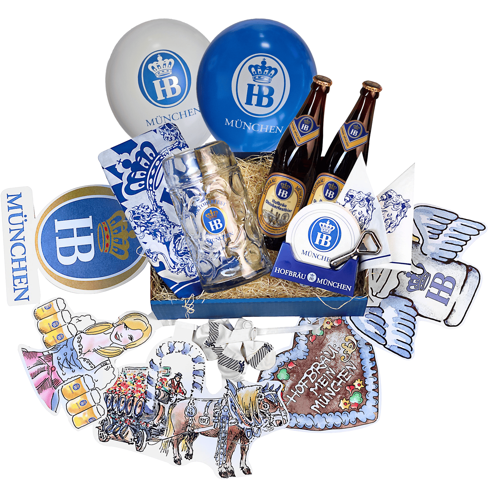 Oktoberfest-Box mit Bierflaschen, Glaskrug, Luftballons, Bierdeckeln, Lebkuchenherz und weiteren Fanartikeln des Hofbräuhaus München.