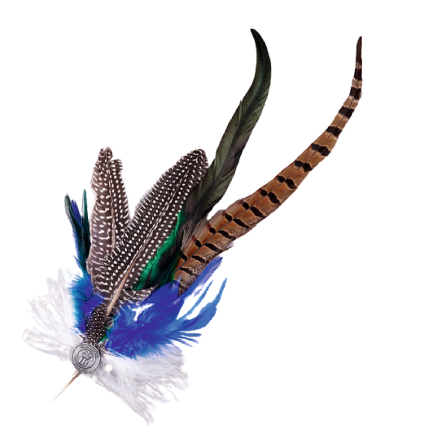 Traditioneller HB-Federanstecker mit bunten Perlhuhn-, Fasan- und Zierfedern, befestigt an einem silbernen Emblem mit HB-Logo.